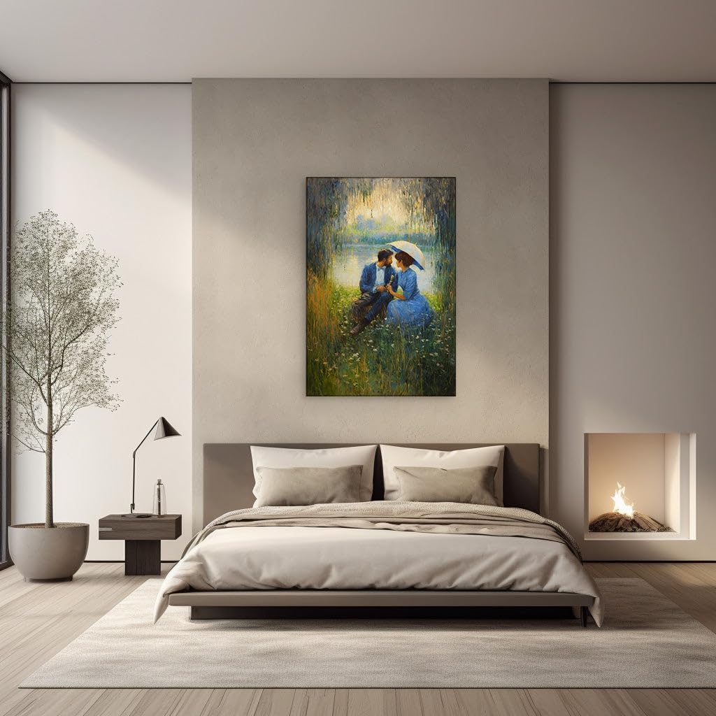 Canvas for Living room. Whispers of Romance by the Lakeside - A Serene Encounter in Blue and Green, 27 x 18 inch Canvas Wall Art - Contemporary Masterpieces - Modern Home Decor - 69x46 cm (27x18 inch)