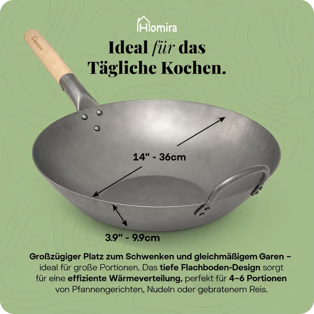 Homira Wok 36 cm handgehämmert aus Karbonstahl mit flachem Boden und Holzgriff – traditionelle PFAS-freie Wokpfanne für alle Herdarten, Gas, Grill & Outdoor (Flacher Boden)