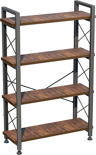 Estantería alta de 4 niveles, estantería industrial de metal de madera, estantes de almacenamiento abiertos modernos y rústicos con almohadillas