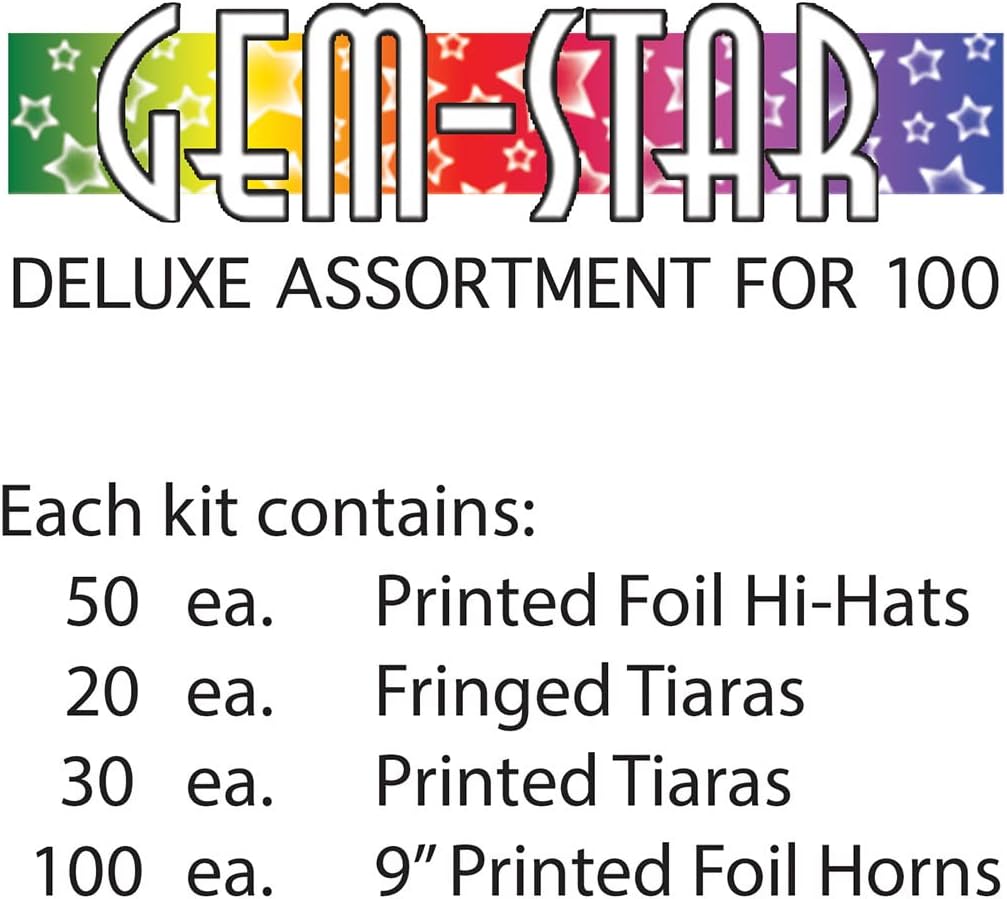 Beistle Gem-Star Deluxe Multicolor New Year’s Eve Celebration Assortment – Star-Pattern Countdown Party Accessories for 100 People with NYE Hats, Tiaras and Foil Horns in Assorted Colors, Adult Size