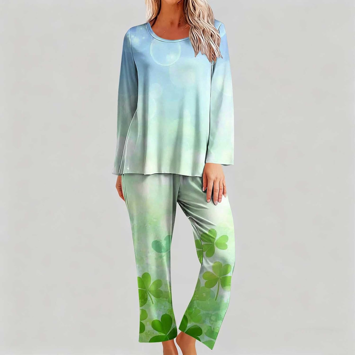 Women’s Print Pajama Set Relaxed Fit Soft Long Sleeve Sleepwear St. Patrick’s Day PJs Ladies Comfortable Loungewear