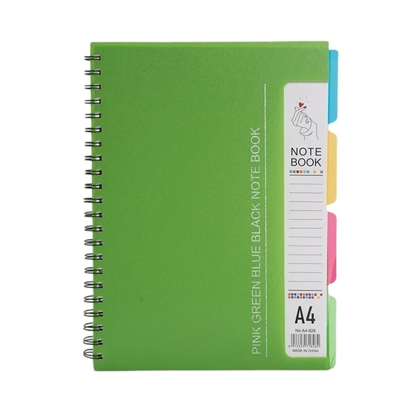 libretas Cuaderno de notas rayado con espiral, 96 hojas 4 separadores, tamaño A4/A5(Green-A4)