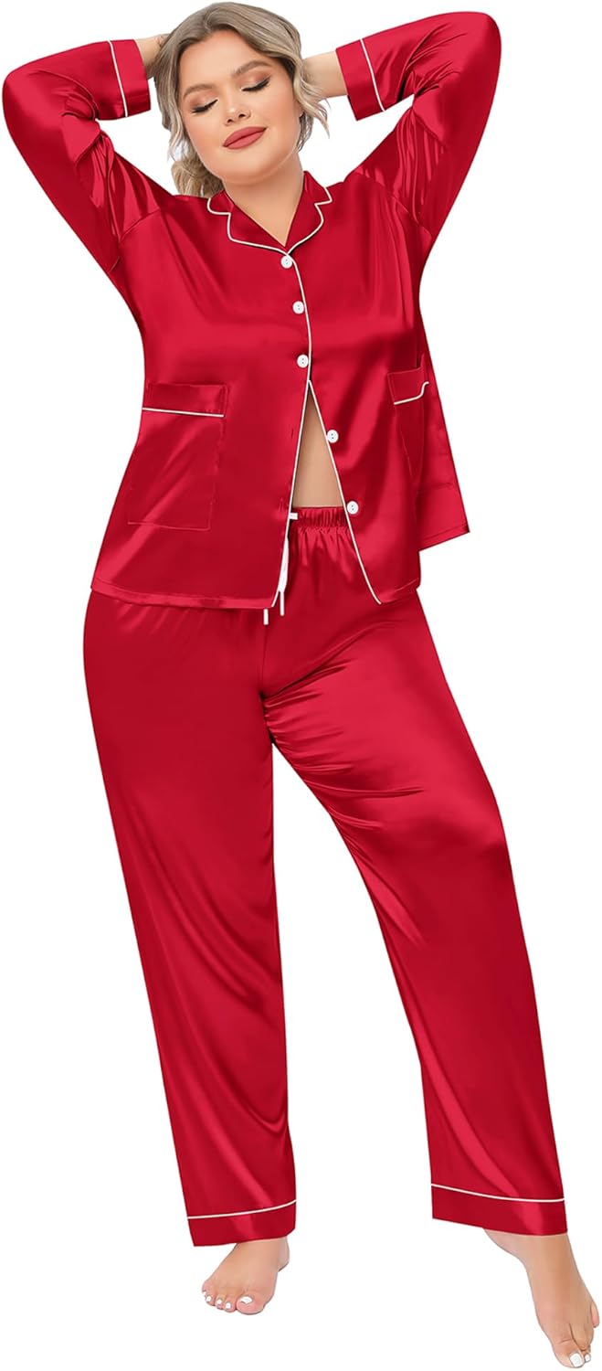 SWOMOG Women Plus Size Long Sleeve Pajamas Silk Satin Pajama Sets Button Down Sleepwear Pjs Loungewear with Pockets - Image 5