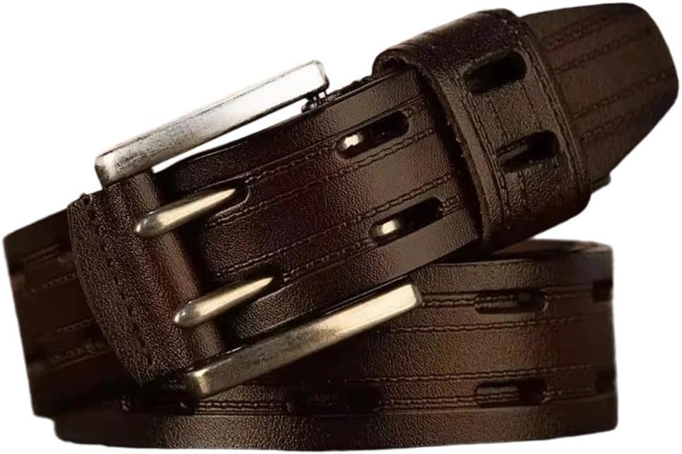 Men's Leather Belt - 3.8 cm Split Cowhide with Double Needle Buckle, Vintage Cowboy Style