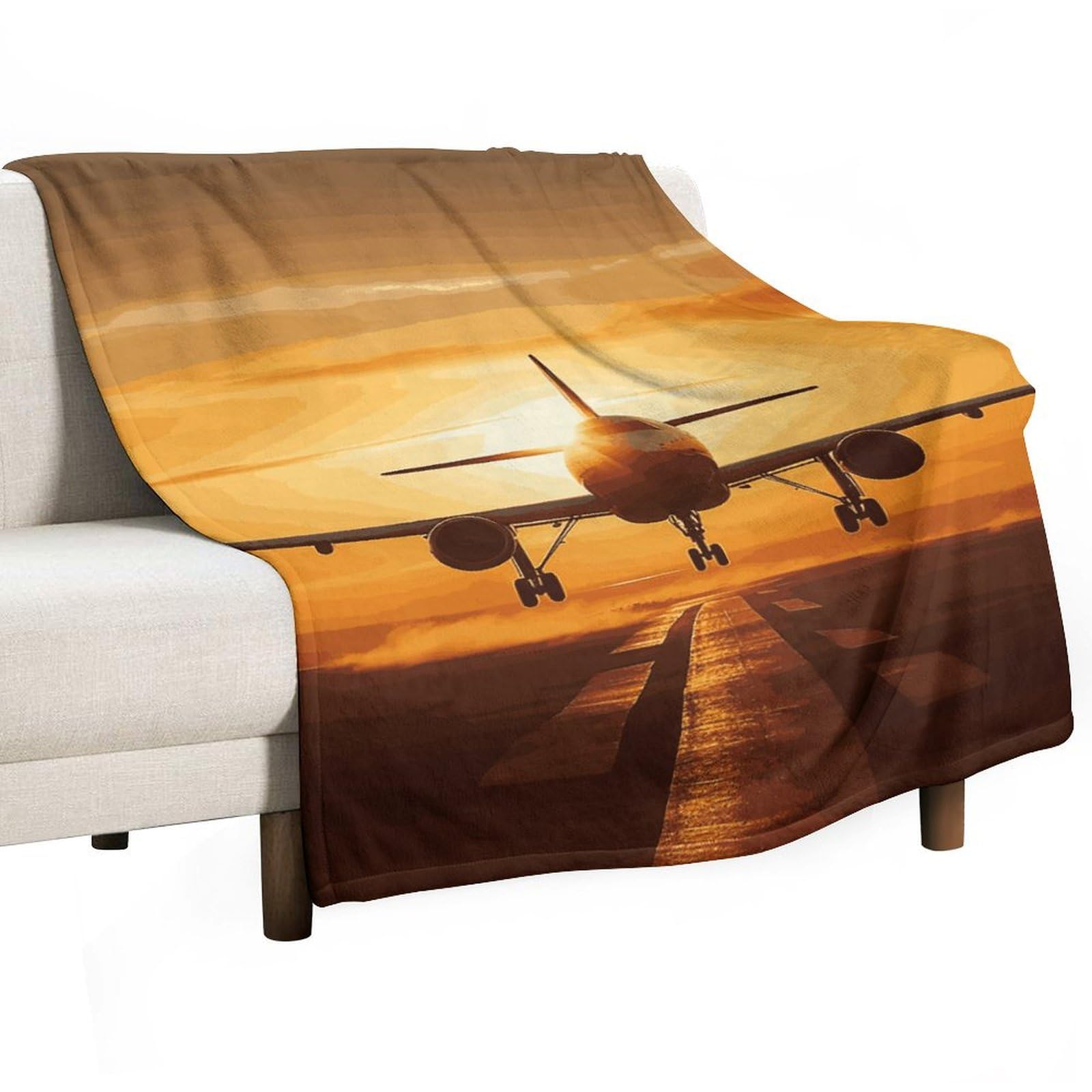 Couverture polaire lit et canapé légère motif avion coucher de soleil