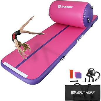 AKSPORT Airtrack with Air Roll Inflatable Gymnastics Mat Gym Mat Air Tracking Mat 3 m with Roller with Air Pump for Home/Yoga/Cheerleading/Tumbling/Reverse Bending