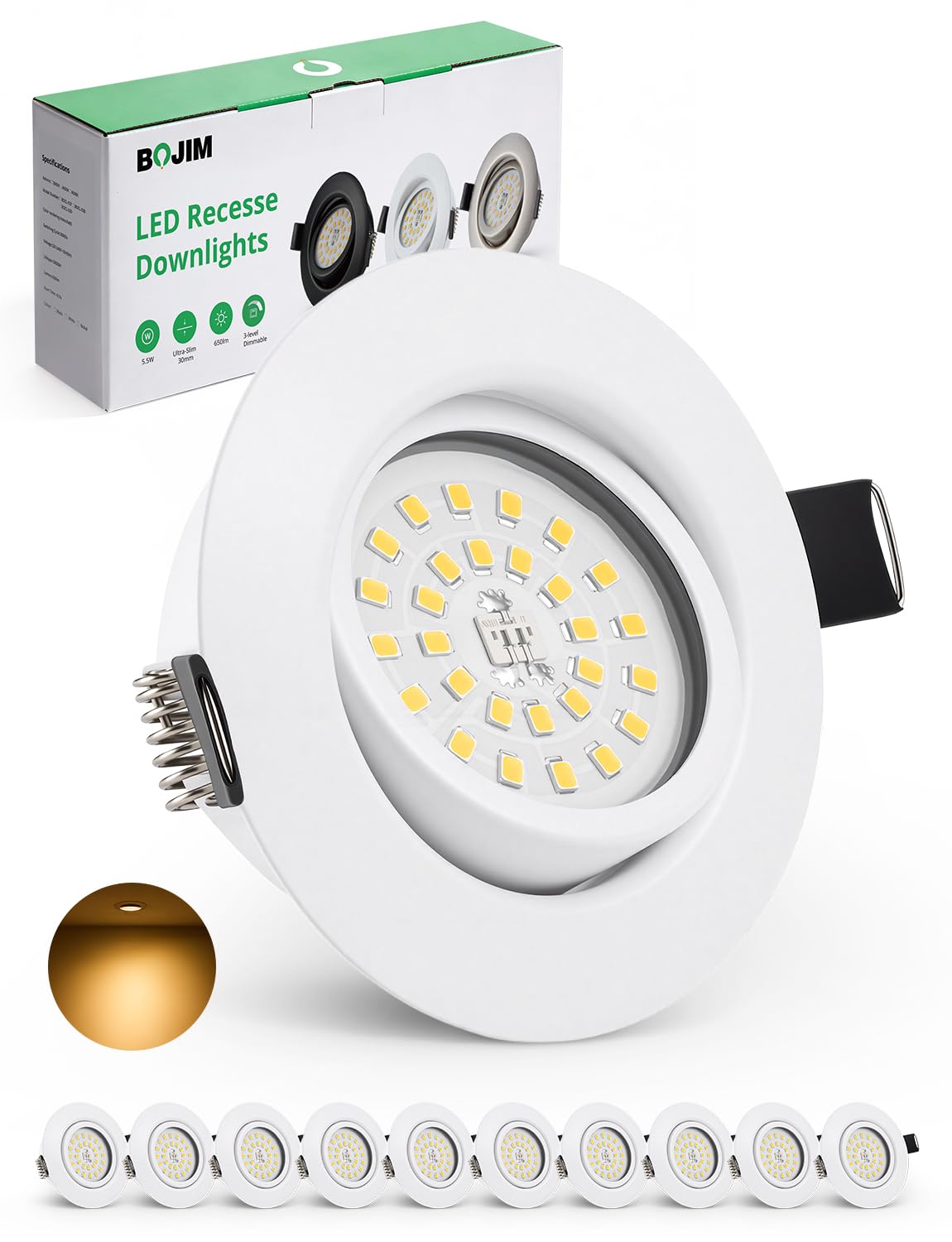 Bojim Focos LED de 230V, planos, regulables, Blanco Cálido 3000K | 5.5 W, 68mm - 80mm, Orificio de Masa, Foco de Techo Orientable, para Cocina Salón Baño, 10 Pack