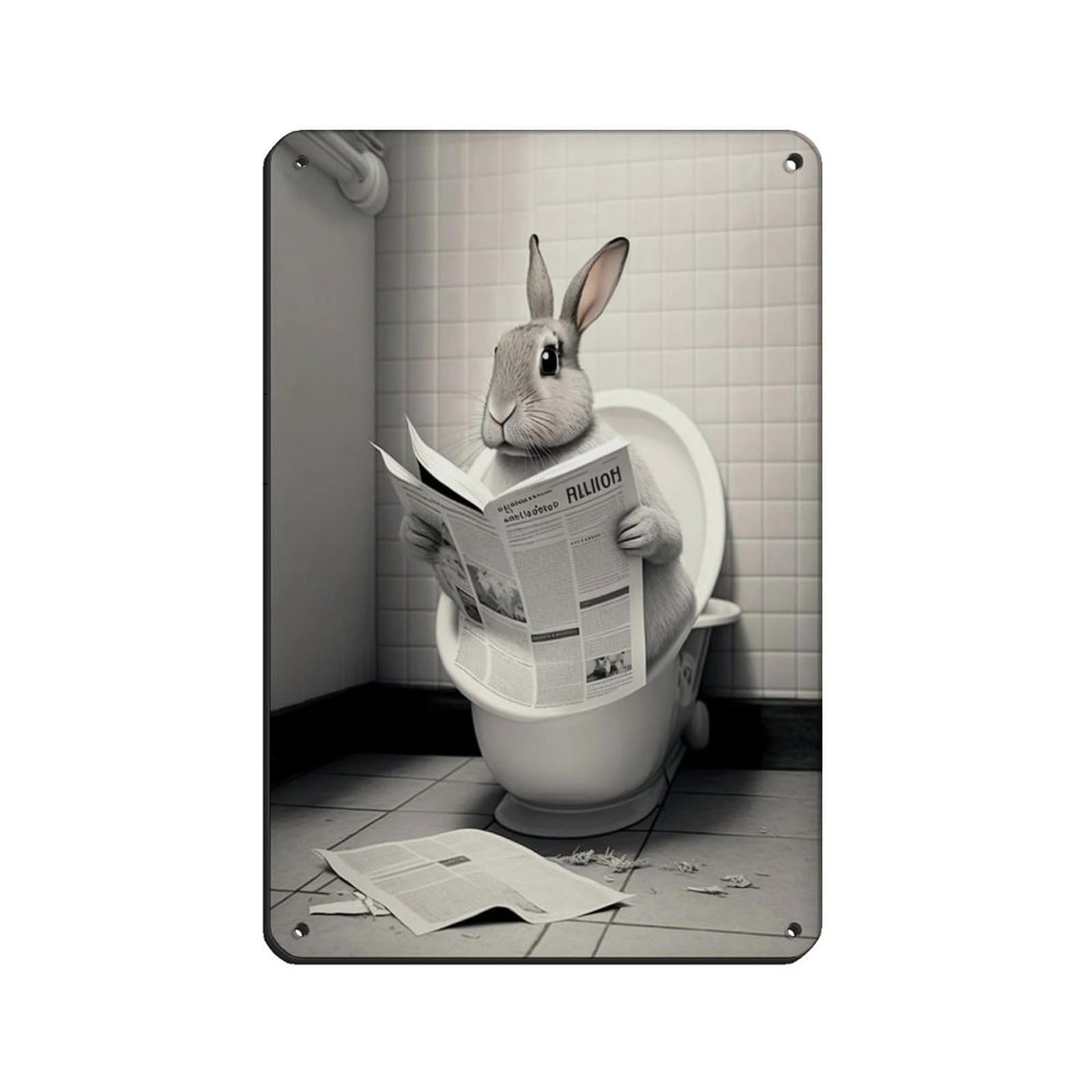 Rabbit Sitting on The Toilet Reading A Newspaper Tin Sign Vintage Metal Pub Club Cafe Bar Home Wall Art Decoration Poster Retro 8x12inch(20x30cm)