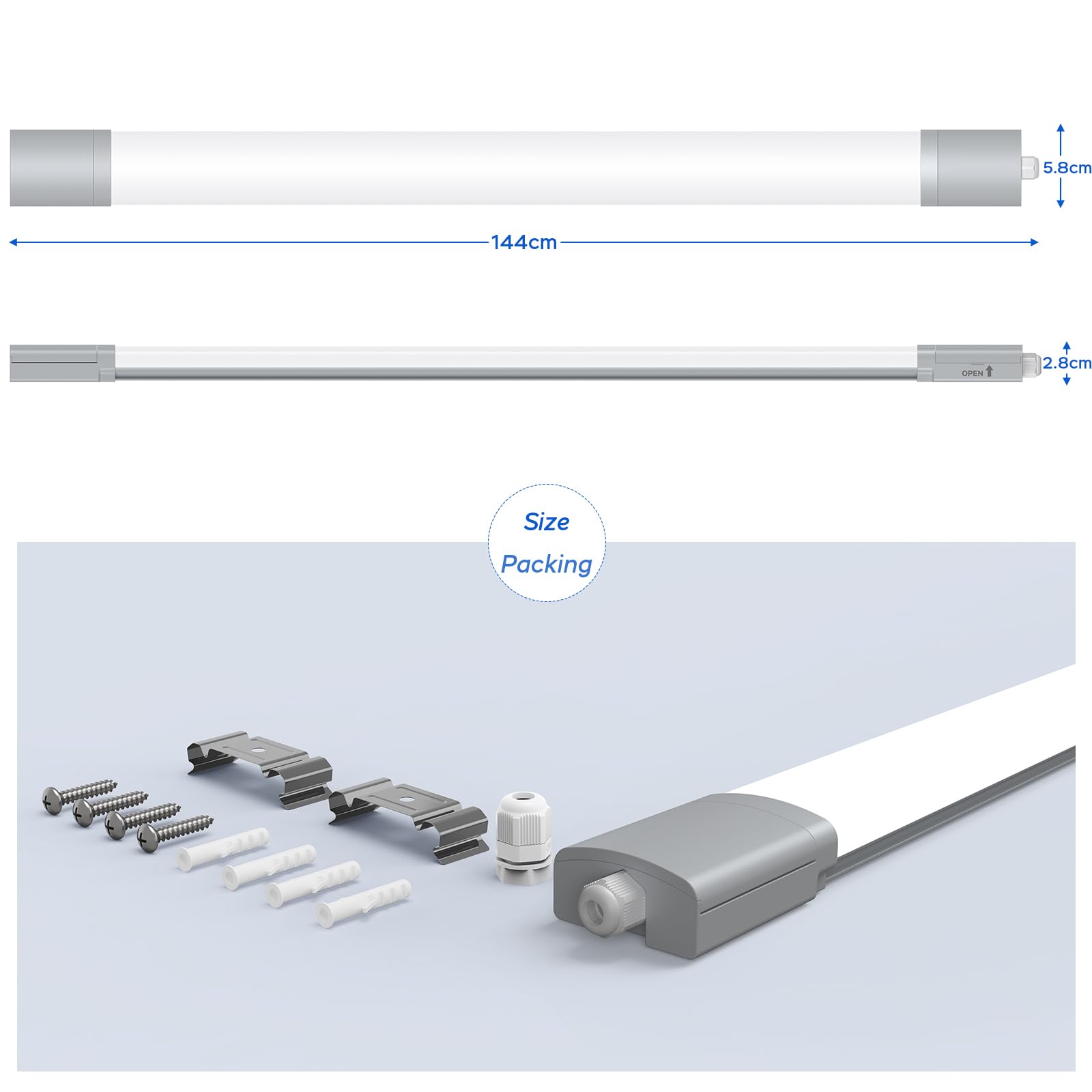 ANTENLICHT 3 Stücke LED Feuchtraumleuchte 150CM mit 45W 4950Lumen Kaltlweiß 5000k, Einfache Montage und REIHENSCHALTUNG, Deckenleuchte Flach IP65 Werkstattlampe für Büro Keller Garage, Grau