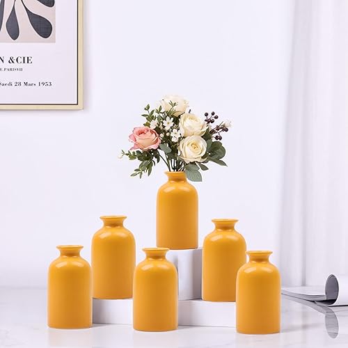 Juego de 6 jarrones amarillos de cerámica para flores, jarrón moderno para decoración de mesa, jarrón pequeño bohemio para decoración del hogar,