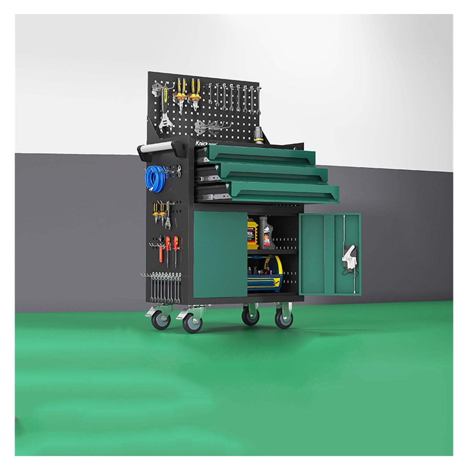Fzl02068lm Green Tool Case Metal Tool Chest, 3-Drawer Rolling With Wheels, 2 In 1 Cabinet With Locking System For Warehouse, Garage, Workshop Storage Solution(Green)