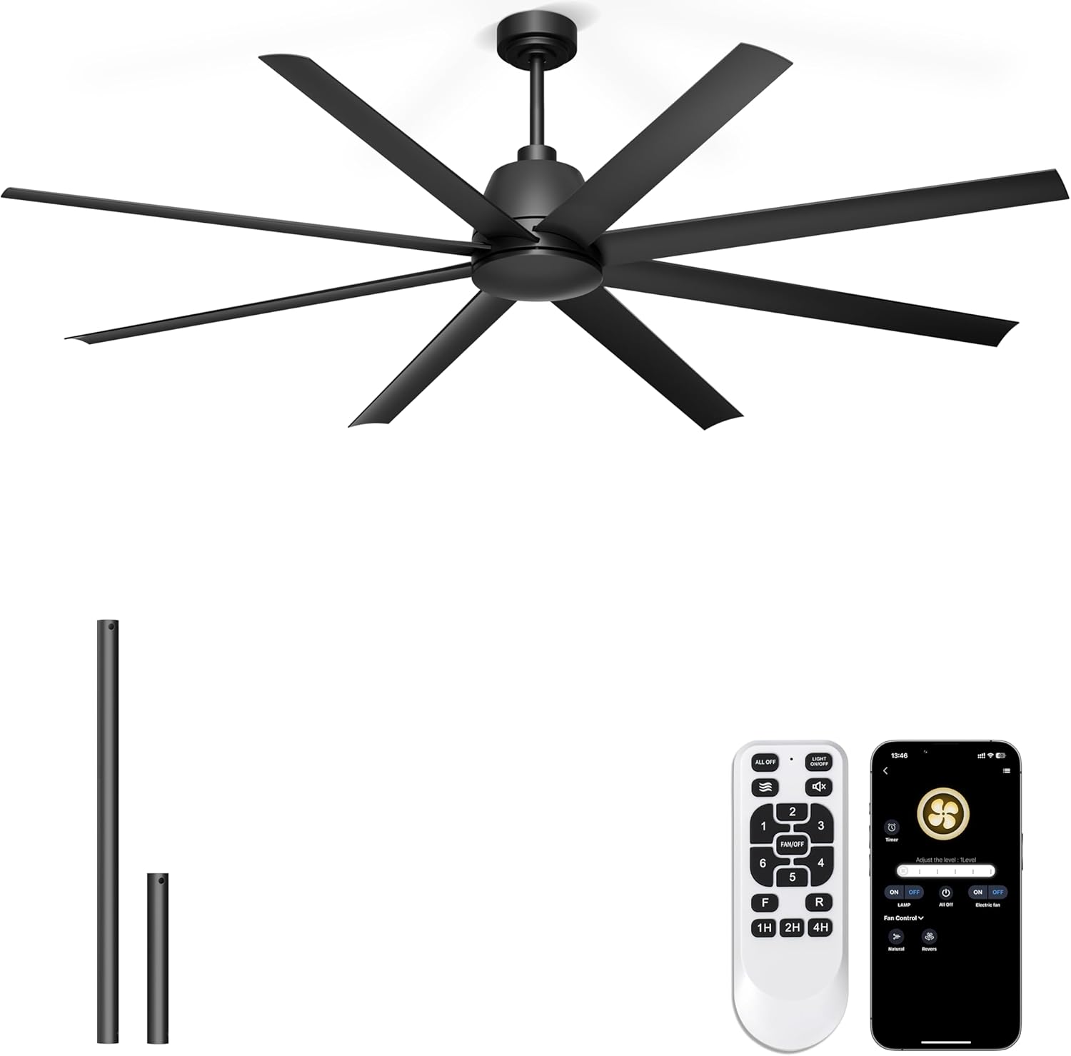 72'' Ceiling Fan no Light - Remote & APP Control, 6 Speed Reversible DC Motor Covered Outdoor Fan for Patio, Shop, Garage, Black without Light