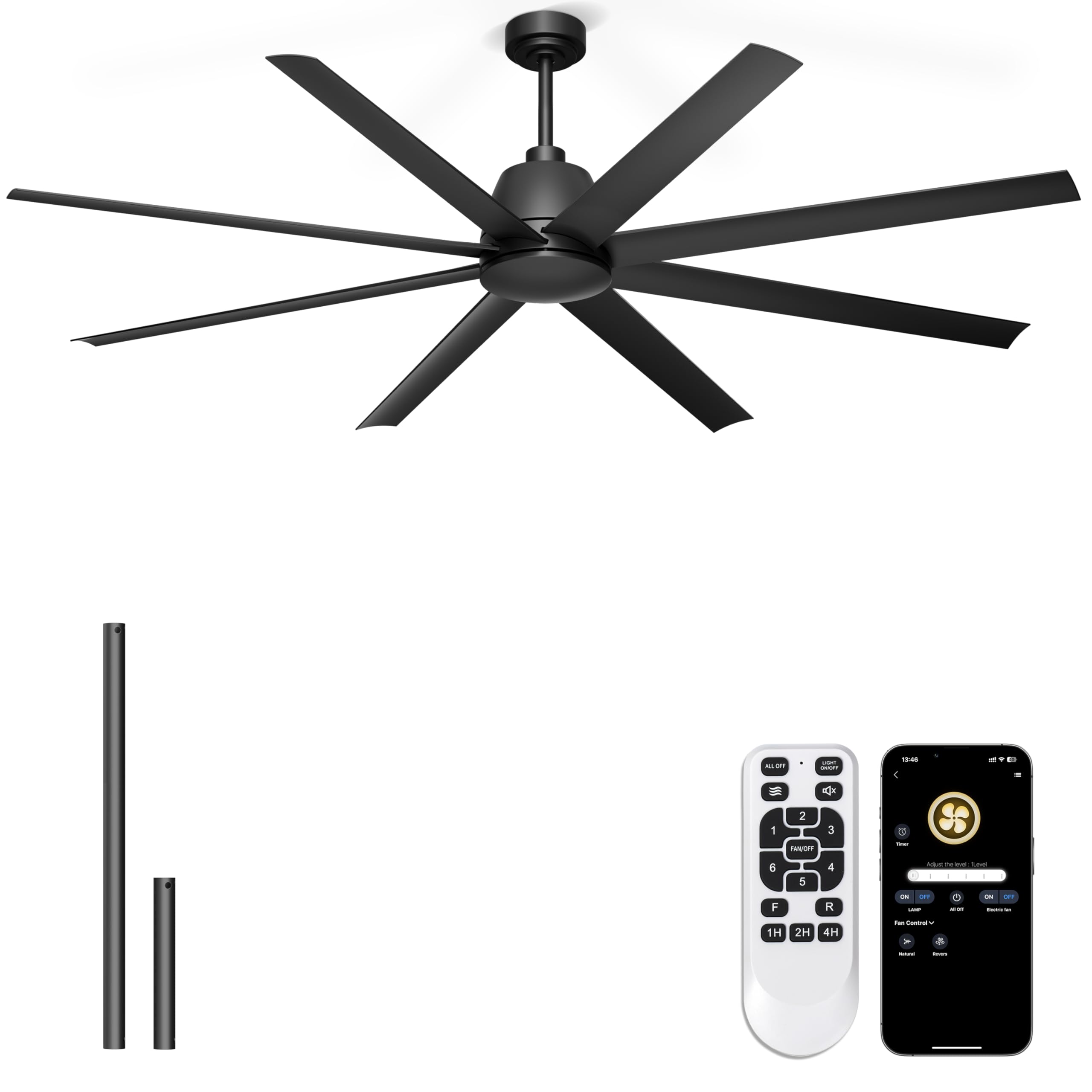 Phylluz 72'' Ceiling Fan no Light - Remote & APP Control, 6 Speed Reversible DC Motor Covered Outdoor Fan for Patio, Shop, Garage, Black without Light