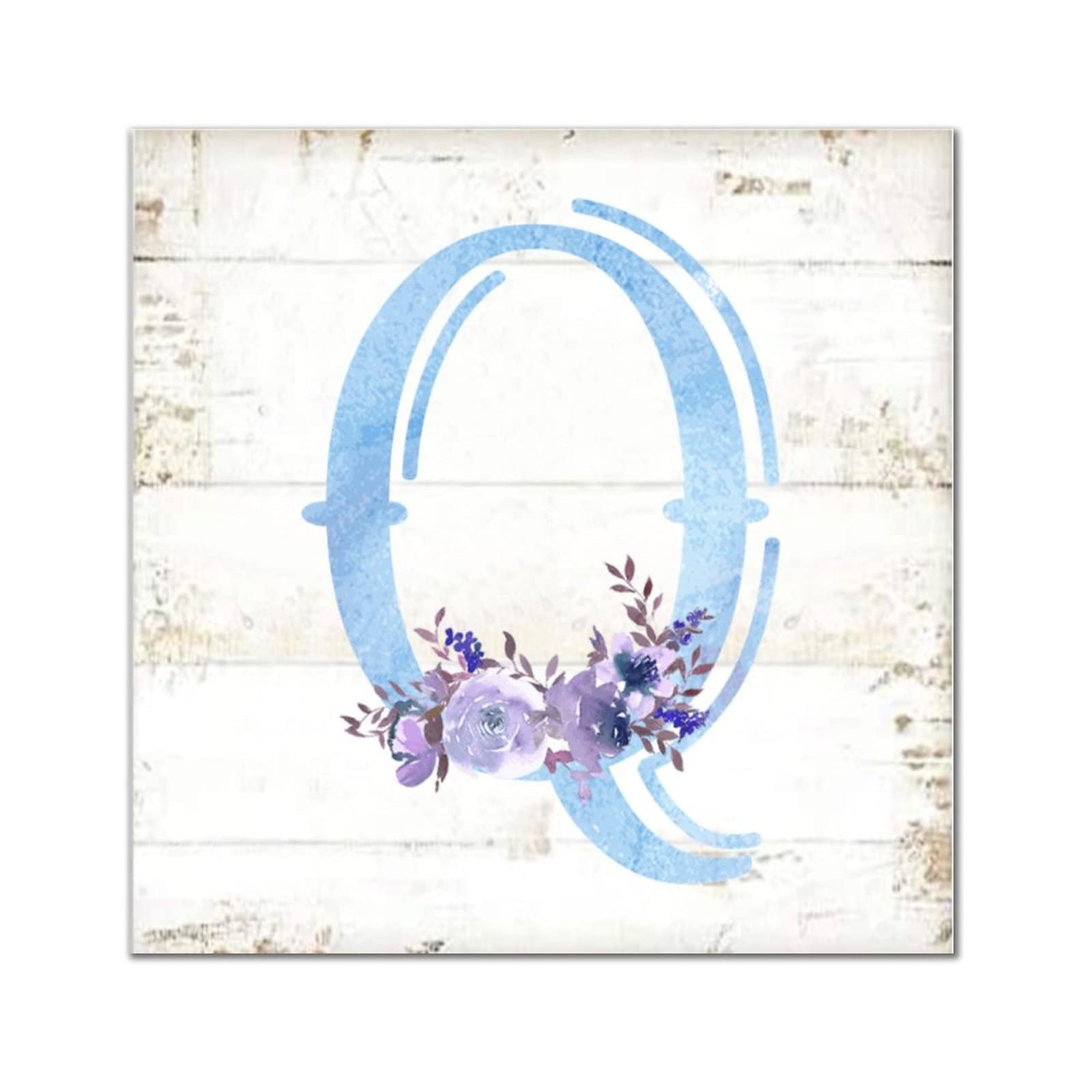 Monogramme lettre Q bois fleur violette aquarelle bleue décoration murale maison