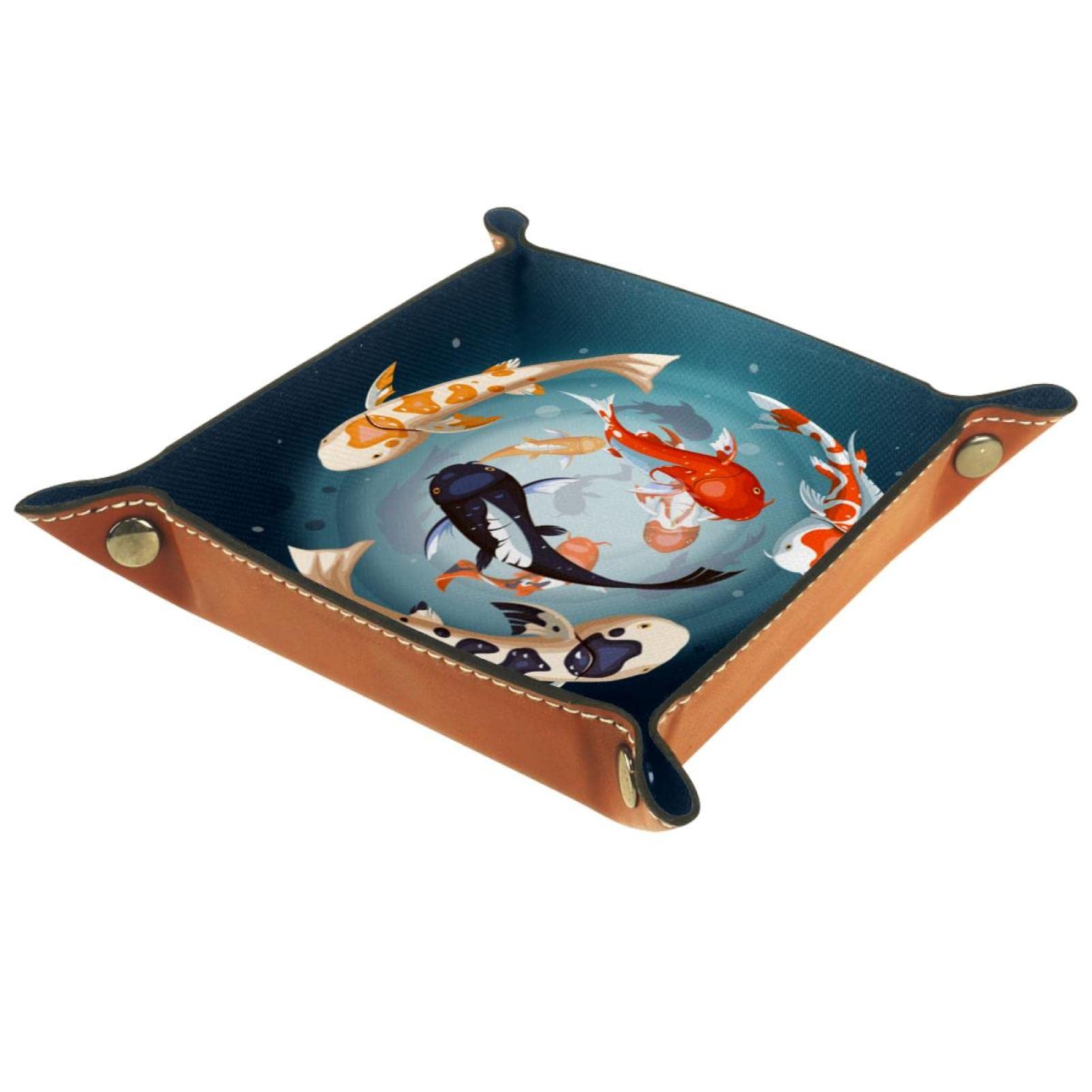 Multicolor Leather Tray Valet Tray Bedside Organizer Desk Storage Plate Catchall Koi Carps Circle Cover