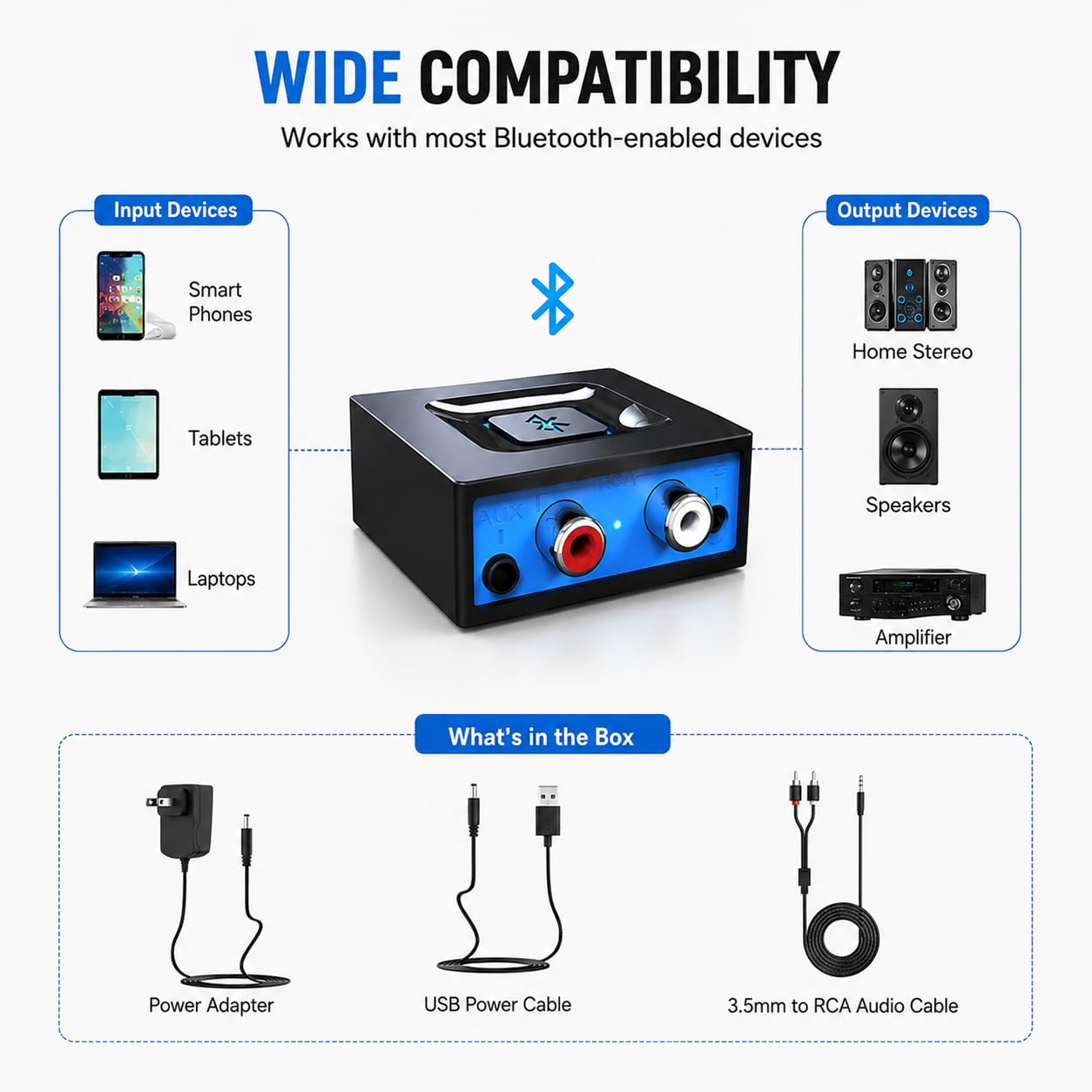 esinkin Receptor de Audio Inalámbrico, Adaptador Bluetooth para PC/Mac/Smartphone/Tablet/Receptores AV/Coche, Salidas 3.5 mm y RCA para Altavoces, Boton de Encendido/Apagado