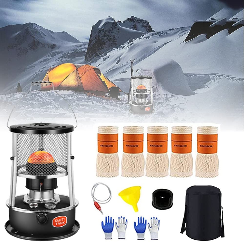 Estufa De Parafina Hornillos De Acampada con Extinción Automática Calentador De Queroseno Portátil 4.5L con Bolso De Mano Y 5 Mechas para Balcón, Jardín, Patio O Camping Black