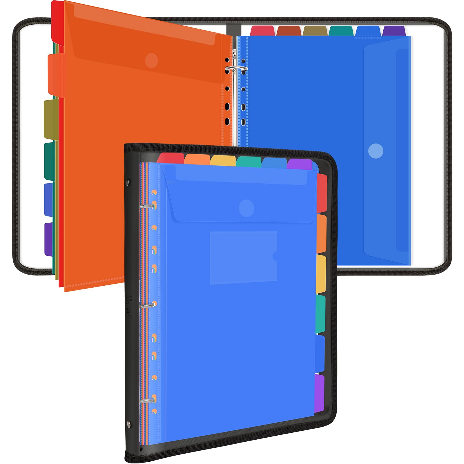 Uquelic Document Organizer, Soft PVC Binder with 12 Colorful Pockets - Zipper Binder 3 Ring with Dividers Letter Size (11'' x 8.5'')-Large Capacity