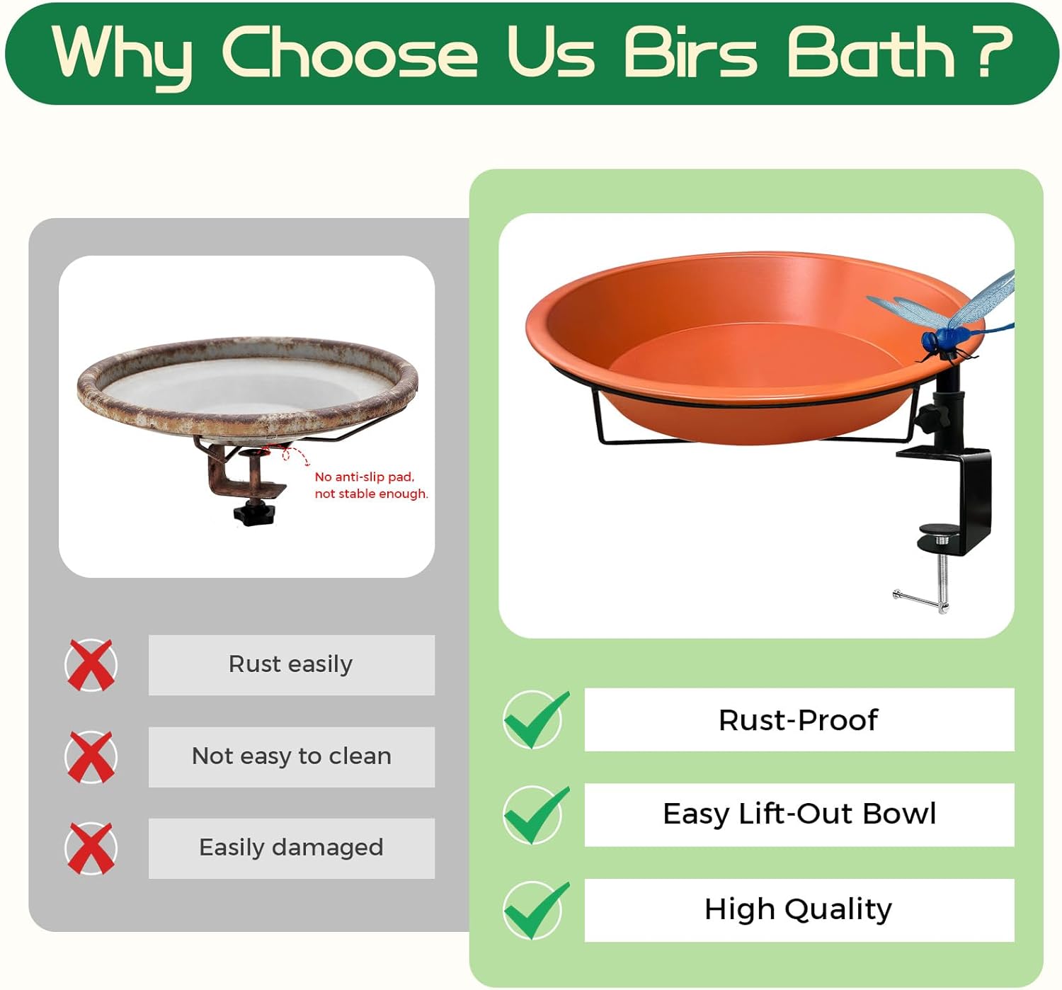 Deck Mounted Bird Bath for Railing,Vivid Terracotta Finish,Detachable Bowl & Heavy Duty Adjustable Clamp Rust-Proof 11.5 Inch Metal Bird Feeder for Balcony,Patio,and Garden(Oriole Orange)