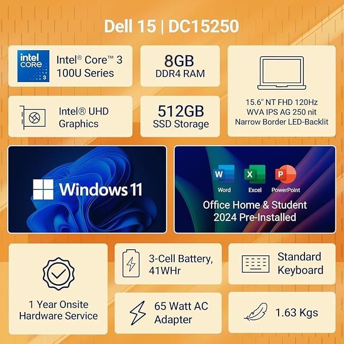 Image of Dell 15 (Previously Inspiron) Laptop, 14th Gen Intel Core i3 /Core 3 100U Processor, 8GB, 512GB, Intel UHD Graphics, 15.6 inch FHD IPS 250nit Display, 12m Mcafee, Win 11 + MSO'24, Platinum Silver, 1.63kg