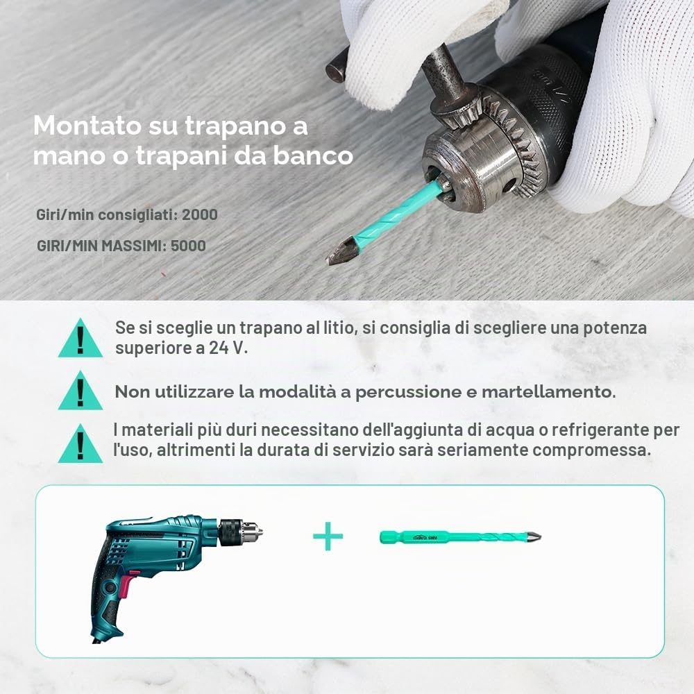 Set Punte Trapano Carburo - 10 pezzi 5mm*2+6mm*2+8mm*2+10mm*2+12mm*2 Punte Trapano Gres Porcellanato per Legno, Plastica, Muratura,Ceramica, Marmo, Vetro, Cambio Rapido con Gambo Esagonale