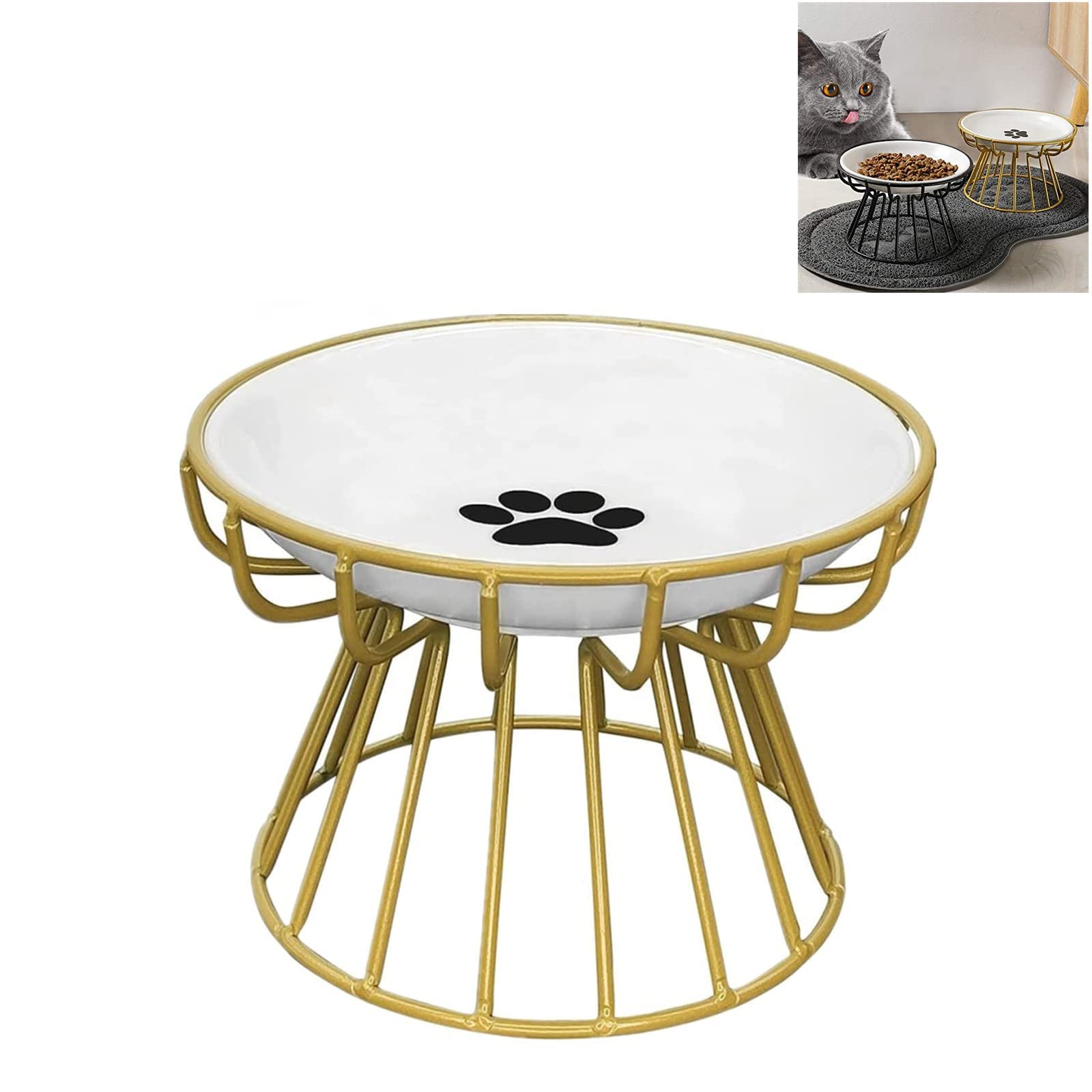 EHOTER 2023 New Whisker-Friendly Anti-Vomit Cat Plate Elevated Bowl-Raised Ceramic Cat Bowl with Metal Stand Food Water Anti Vomiting Shallow Ceramic Dish for Cat Small Dogs (Gold Rack,Paw Plate)
