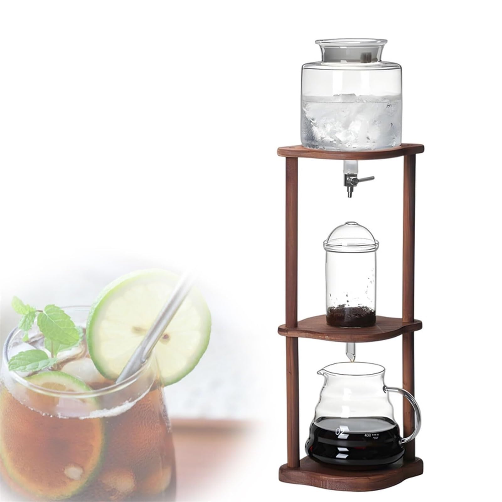 Caffettiera Per Cold Con Velocità Gocciolamento Regolabile, Supporto In Legno E Caraffa In Vetro 600 Ml, 2-4 Tazze Caffè Aromatico E Vellutato, Per Casa, Ufficio O Sala Tè