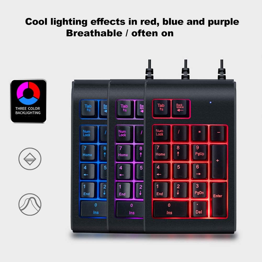 Number Pad, Backlit Numeric Keypad with 3 Colors Backlit 19‑Key Mechanical USB Wired Numeric Keypad for Laptop Desktop Computer PC Black (Black)