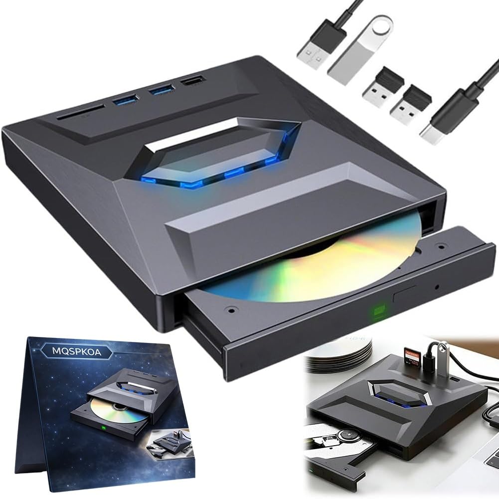 7-in-1 External Blu-ray Drive USB 3.0 & Type-C Portable BD/DVD/CD Burner Writer Reader with 3 USB Ports Hub & SD/TF Card Reader 6X Blu-ray Optical Drive for Laptop Desktop