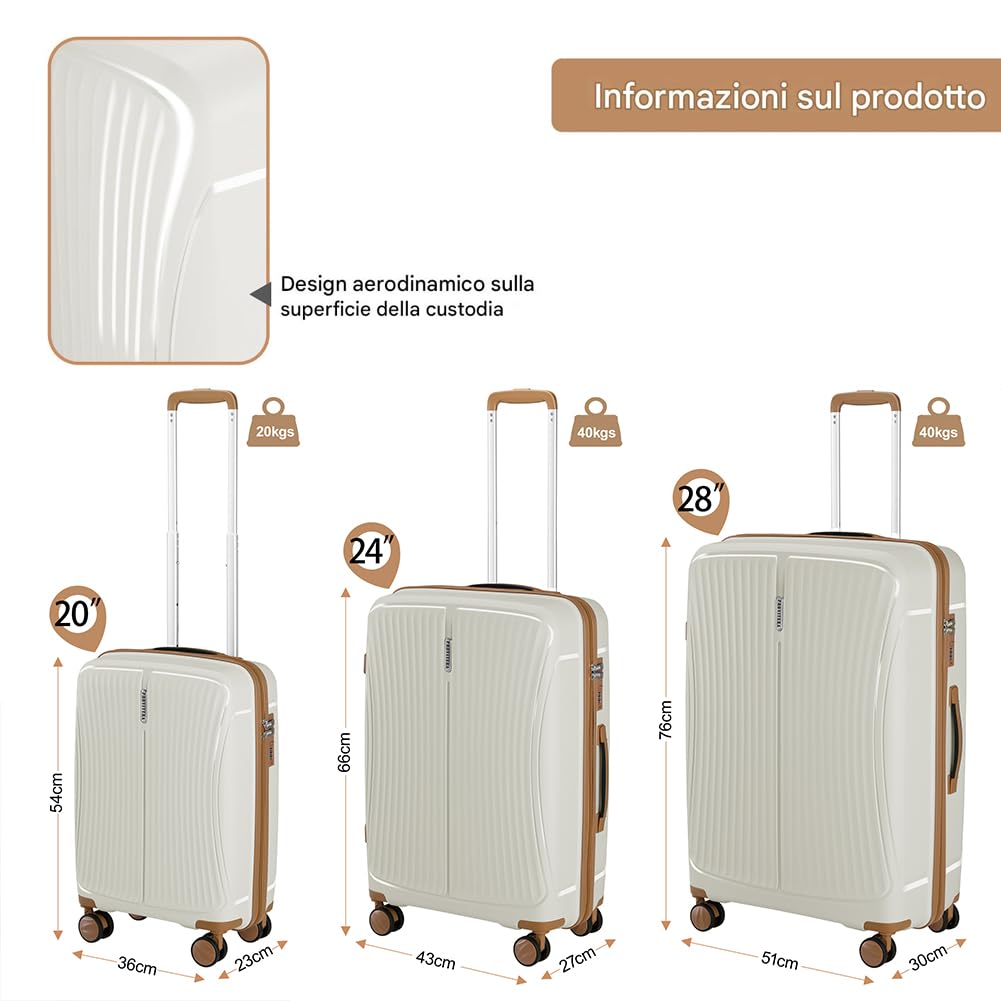 Set 3 Valigie Rigide in ABS, Valigia Rigida 38-59 - 90 Litri, Manico Telescopico, Ruote Easy Roll, Trolley Resistente e Leggero da Viaggio, Bagaglio a Mano (Bianco Perla)