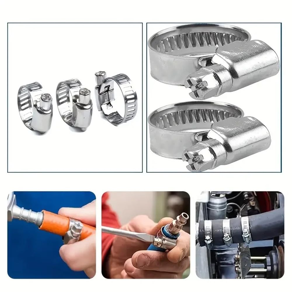 Surtido de abrazaderas de manguera resistentes de acero inoxidable de 1/4" a 2" para plomería, lavadoras y mantenimiento de vehículos, 7,3 mm y 9,0 mm.