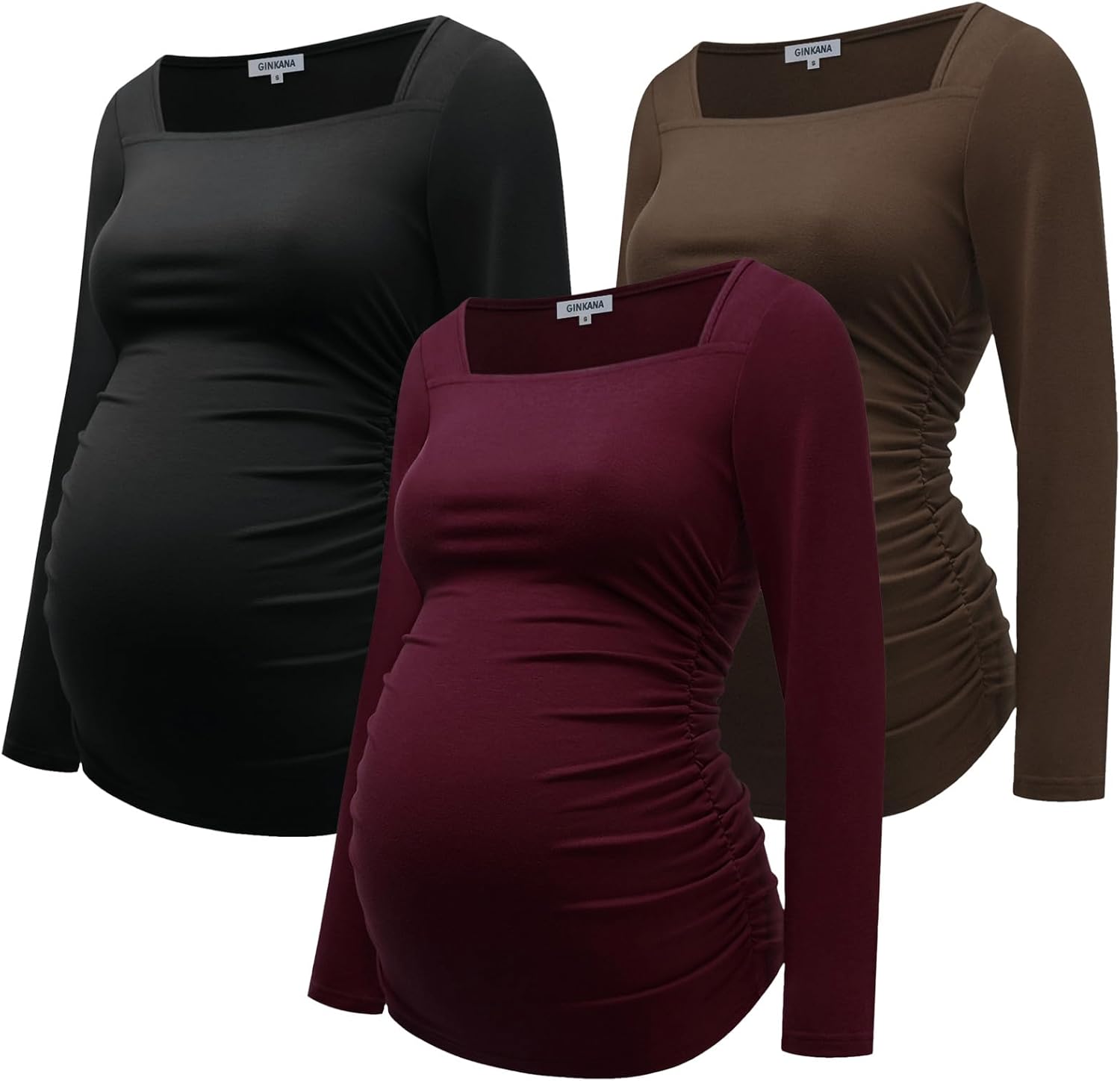 GINKANA Maternity Shirts Square Neck Slim Fit Tee Top Pregnancy Basic Long Sleeve Shirt for Daily Wear
