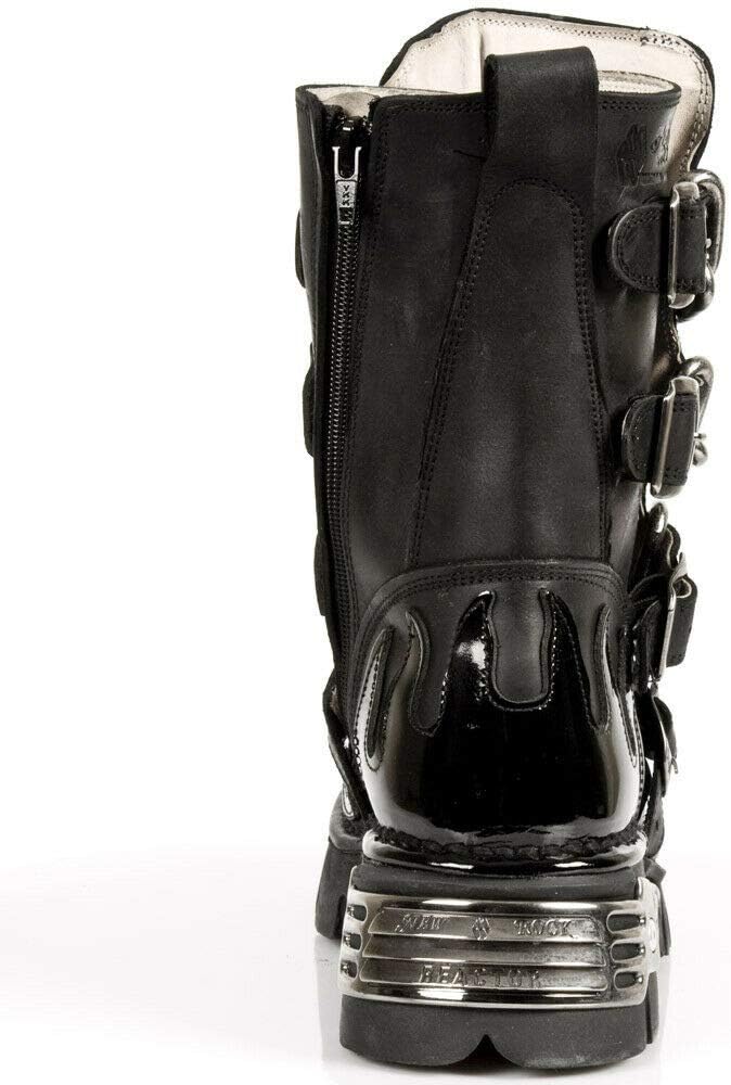 New Rock Unisex M.727-S1 Black Leather Boots Skull Chain Flame Reactor Boots