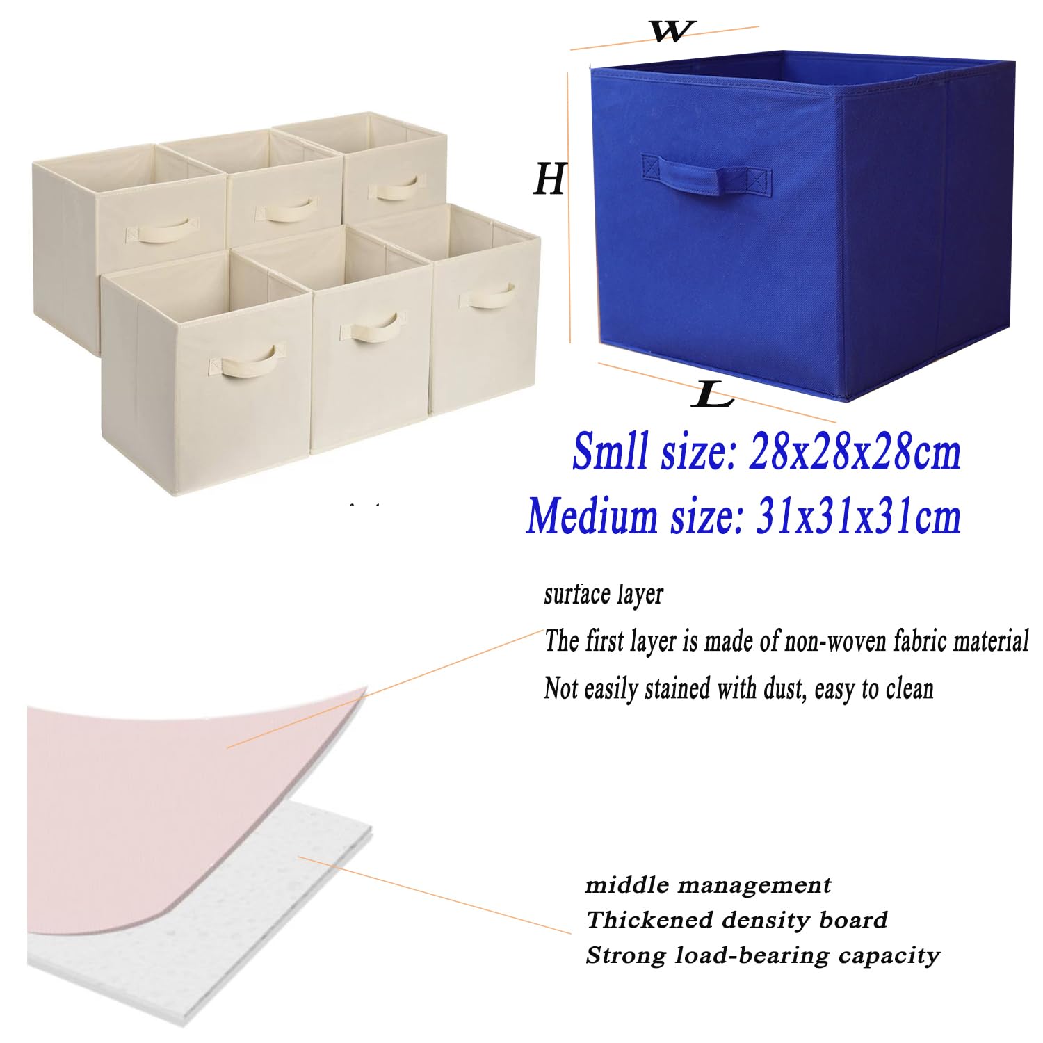 Cajas de almacenamiento con asas, organizador de almacenamiento plegable para estantes, armario, hogar, oficina, ropa, cestas de juguetes (6 unidades, 28 cm, negro)