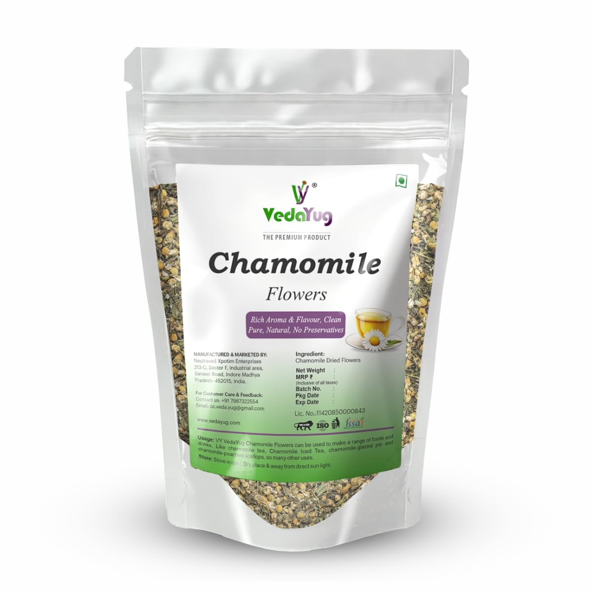 VY VedaYug Chamomile Flower Tea – 30gm | Pure Whole Flower Buds of Chamomile | Herbal Sleep Tea – Caffeine Free – Stress Relief – 30g