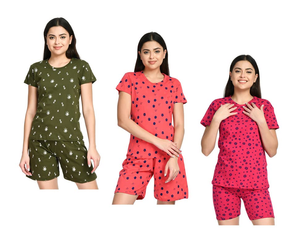 Image of IndiWeaves Cotton Printed Tops and Shorts Set Night Suit for Women (Pack of 3) Green::Caret::Red