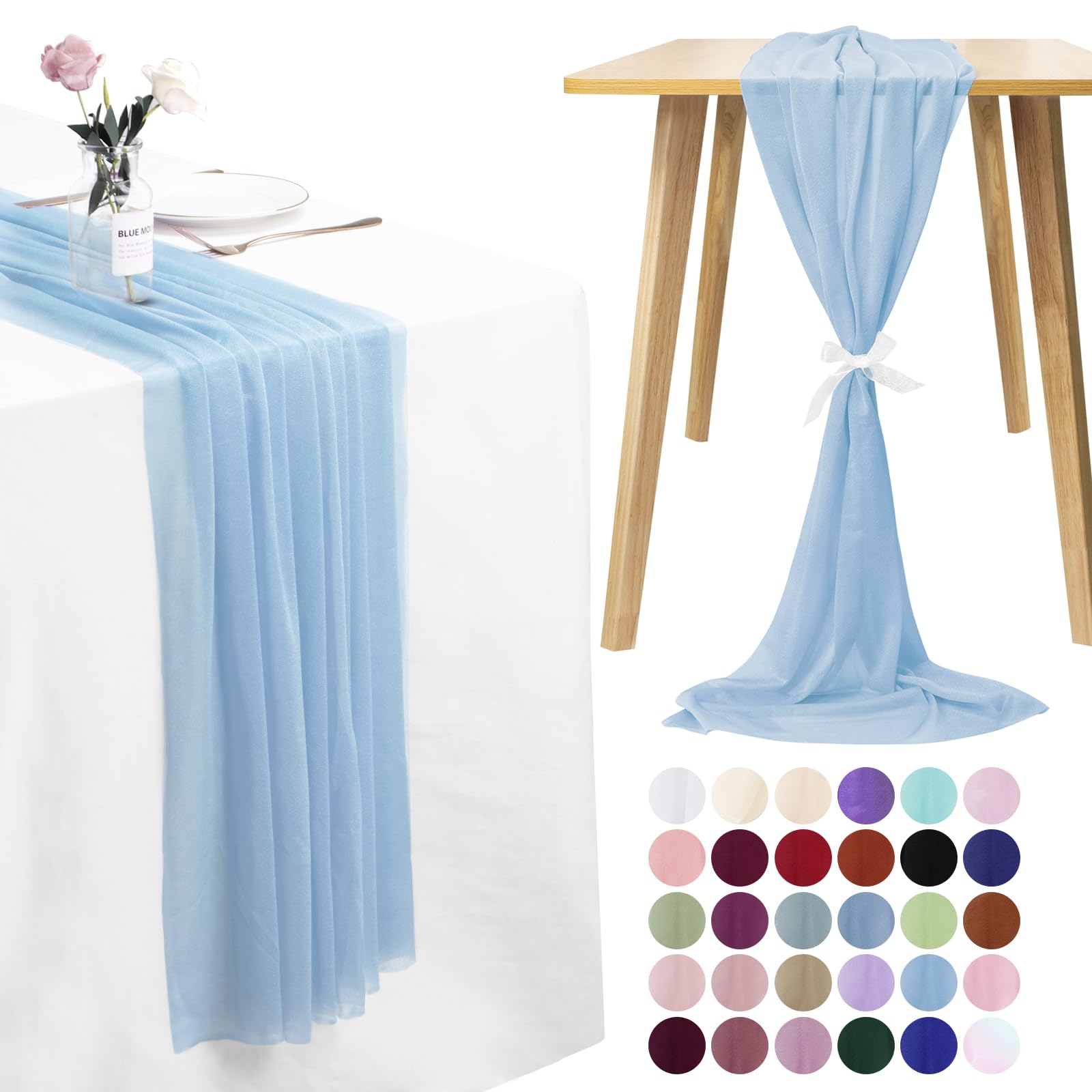 LEREATI 3 Pack Cheesecloth Table Runner Light Blue Chiffon Table Runner 75cm x 400cm Gauze Sheer Table Runner Tulle Cheese Cloth Tablerunner for Party, Wedding, Christmas, Shower Decorations