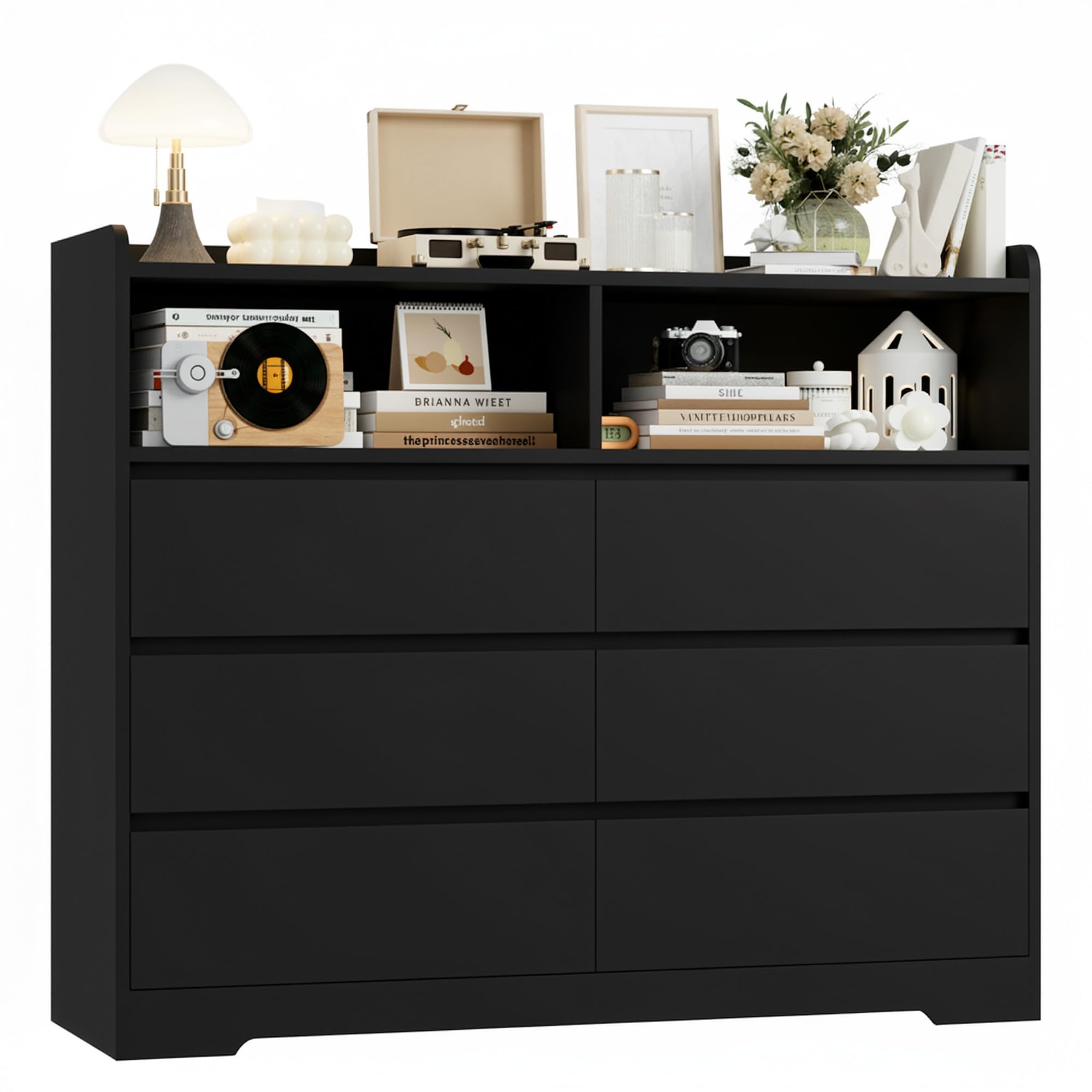 FOREHILL Cassettiera Camera da letto, Cassettiera con 6 Cassetti, Comò con 2 Scomparti Aperti Moderno, per Camera da Letto, Corridoio, Soggiorno, Ufficio, 120x40x100cm (Nero)