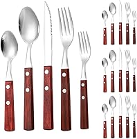 Vista 1 de Juego de 20 cubiertos de acero inoxidable con mango de madera maciza para 4 personas, cuchillo para carne, cuchara de postre (oscuro)