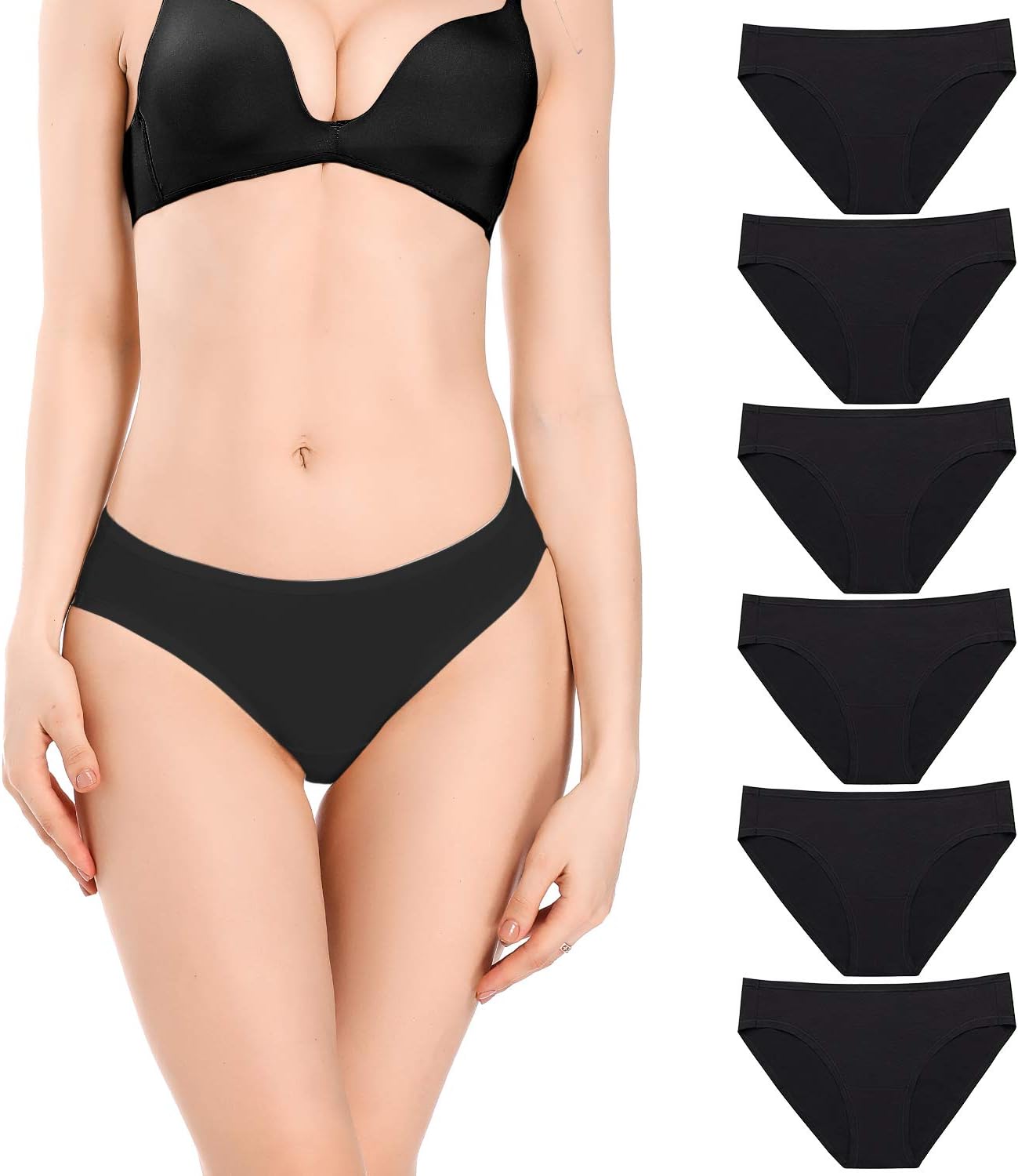 POKARLAWomen's Hi-Cut Bikini Panties Soft Stretch Cotton Underwear Hipster Ladies Briefs 6-Pack(Regular & Plus Size)