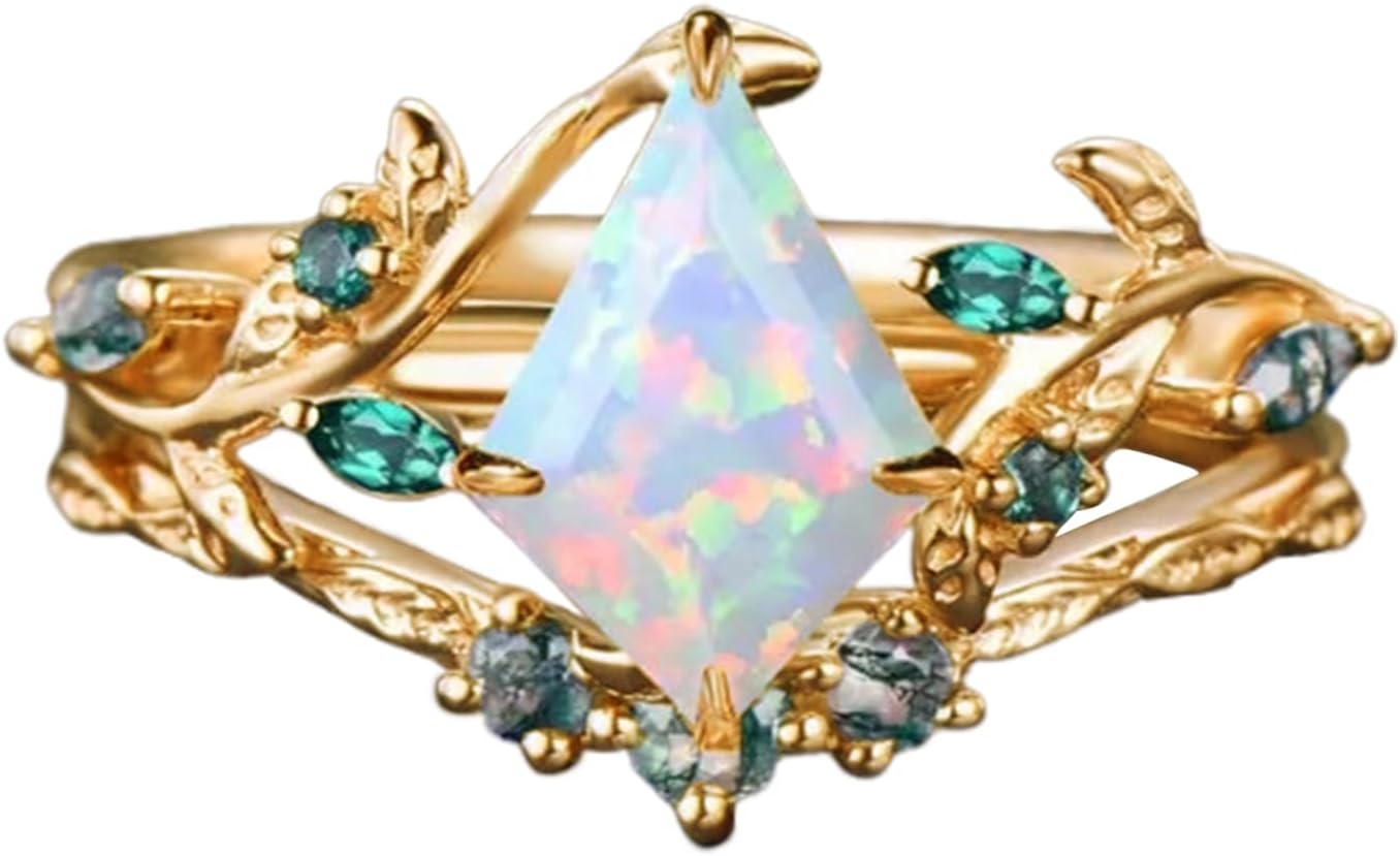 Personalized 1CT White Opal Engagement Ring Set for Women, 10K 14K 18K Solid Gold Leaf Vine Art Deco Wedding Ring Sets Bridal Promise Rings Gift for Her Bride Wife Mother