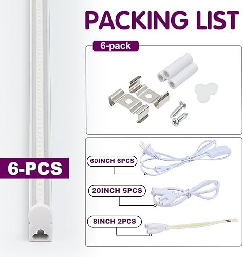 Miniatura 8 de Paquete de 6 bombillas LED de 4 pies para tienda, conectables, T5, 20 W, 2200 lm, súper brillante, 6000 K, con cable de interruptor de