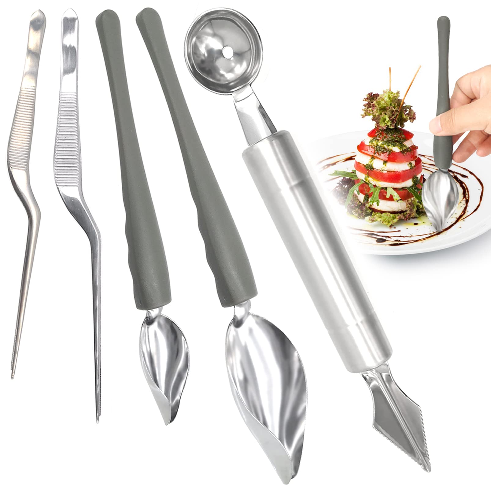 5 Pcs Stainless Steel Kitchen Cooking Tweezers Culinary Precision Drawing Spoons Precision Tongs Precision Tongs Tweezers Set Drizzle Decorating for Dessert Cake Decoration Baking Pastry