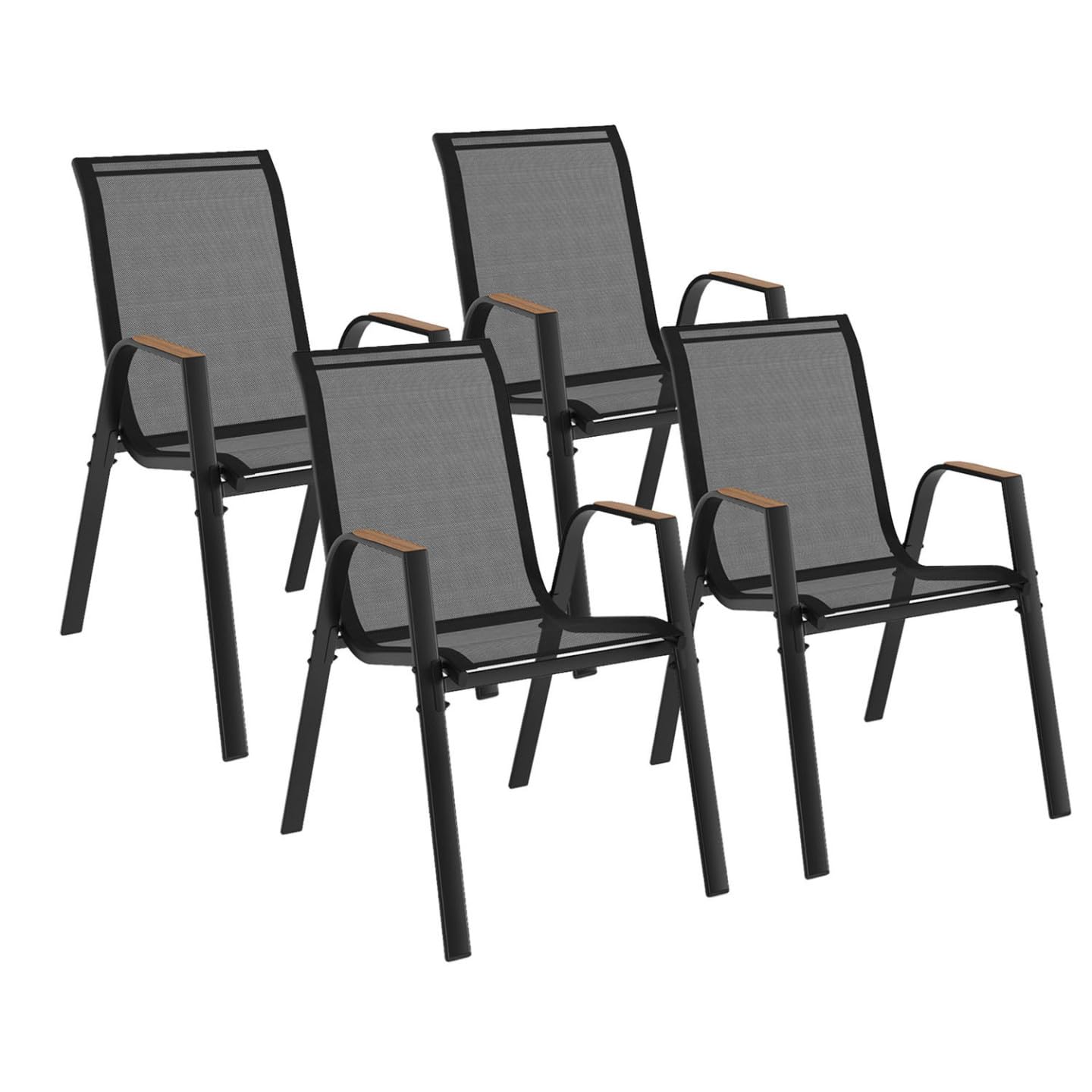 IDMarket NOUMEA - Juego de 4 sillas de jardín (metal y textileno, apilables, color negro y madera)