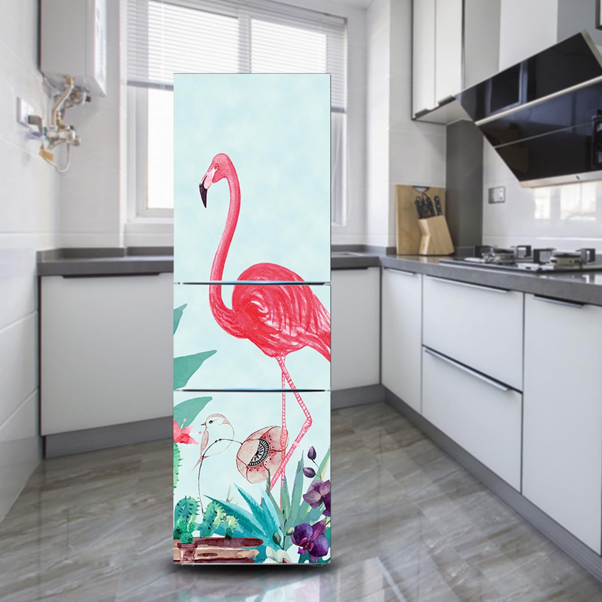 Fridge Sticker, Fridge Sticker Full Covering Door Covers Decor, Freezer Skins Wall Stickers for Kitchen Decal, Flamingo Cactus Bird(M: 60x180 cm)