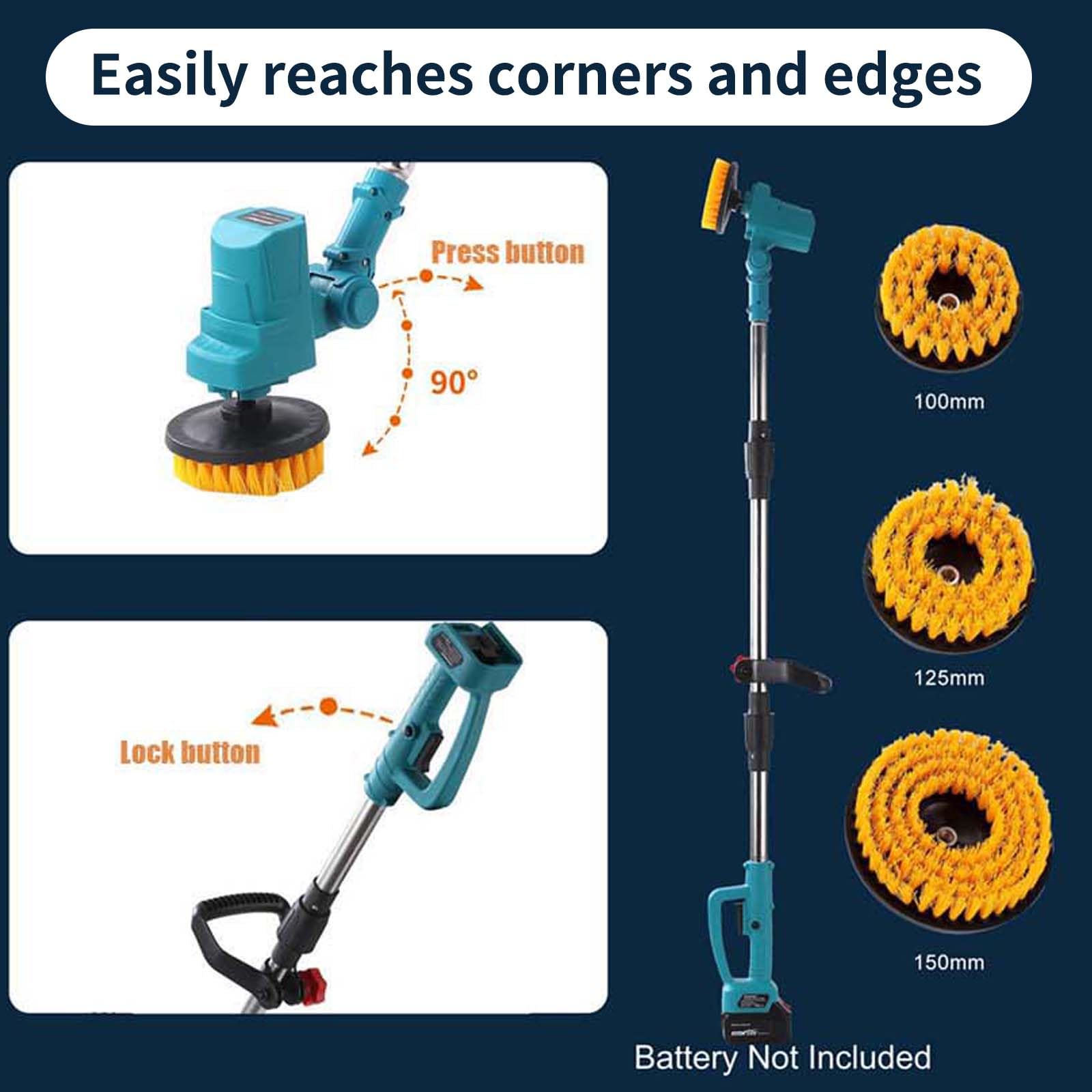 Scrubber elettrico extra lungo pieghevole compatibile con batteria Makita da 18 V (solo strumento), spazzola rotante ricaricabile senza fili, 1800 giri/min, spazzola per la pulizia senza fili con 6