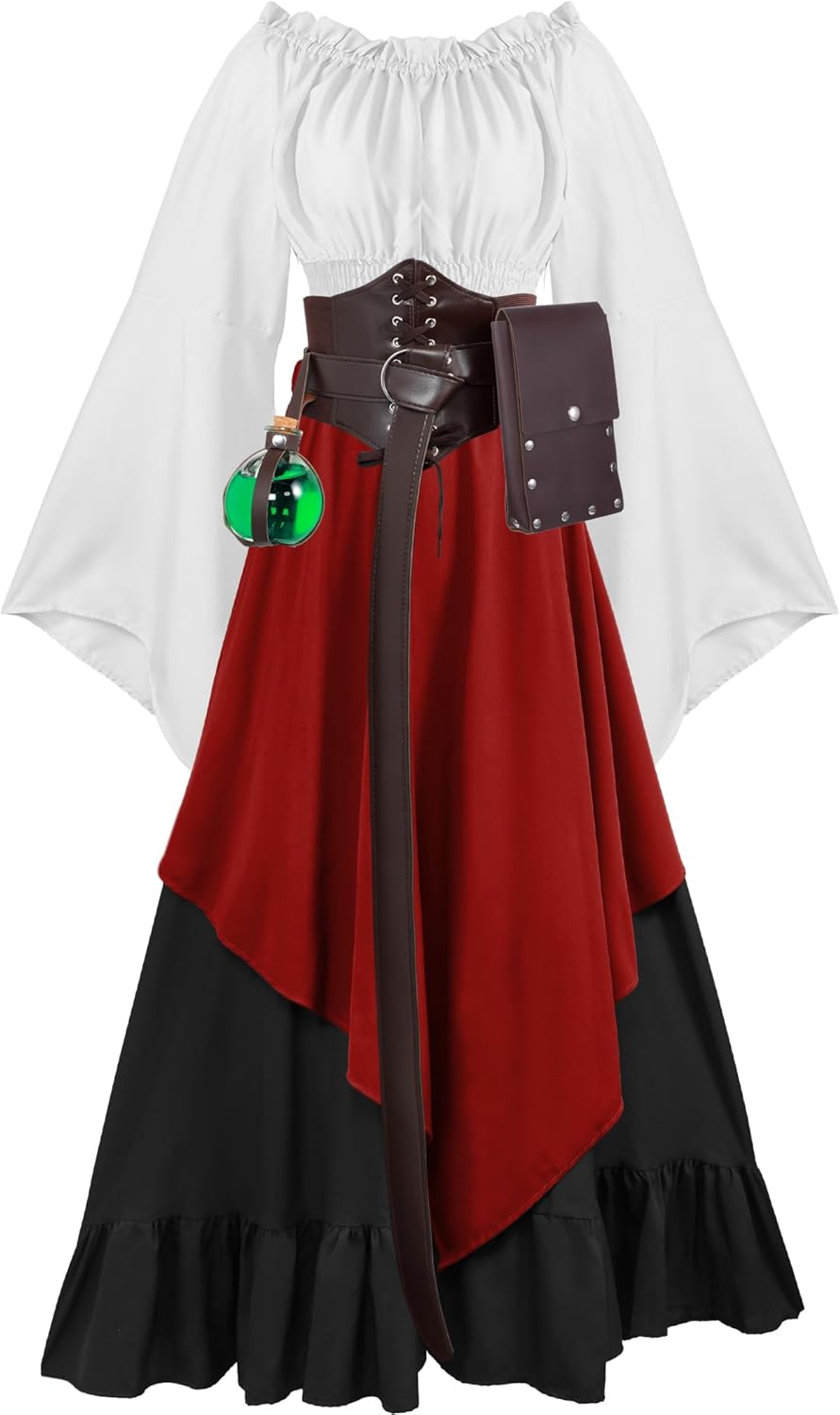 Hillban Women Medieval Renaissance Dress Costume Halloween Blouse Top Skirt Pouch Bottle Corset Belt - Image 6