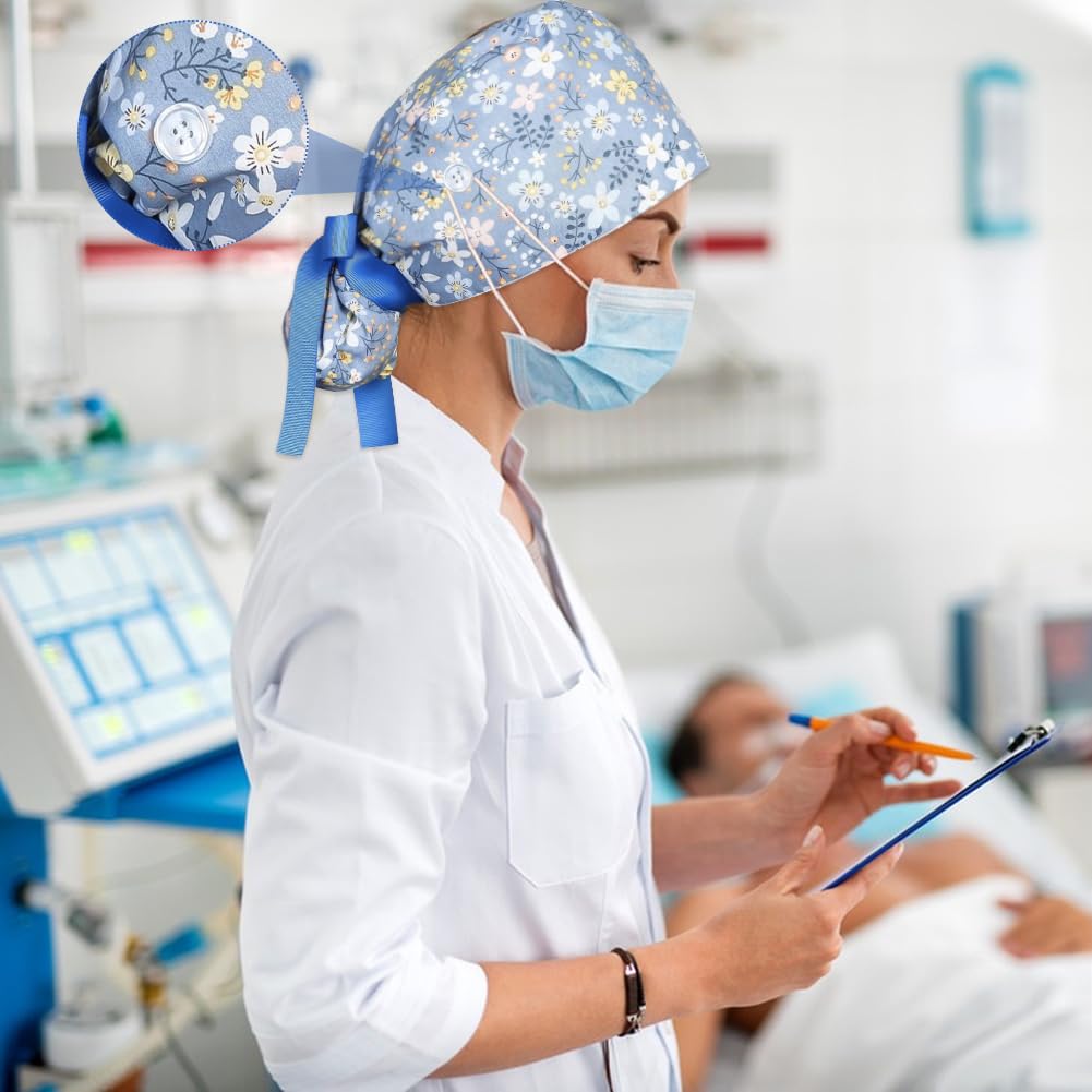4 szt. satynowe czapki z podszewką dla kobiet regulowana czapka chirurgiczna dla pielęgniarki z guzikami opaska przeciwpotna kucyk czapka robocza z wiązaniem na plecach