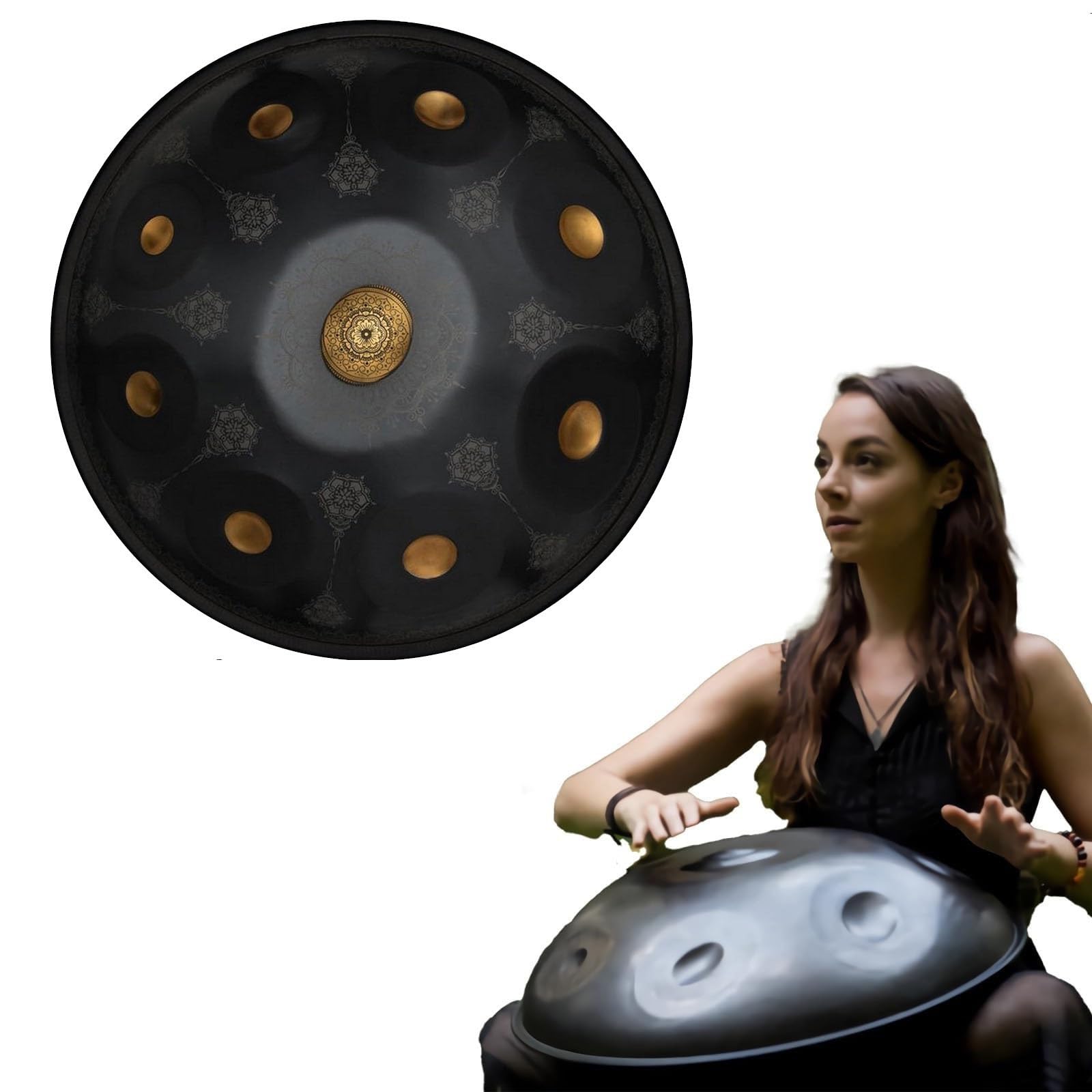 Handpan bęben językowy, ręczny instrument 56 cm, mandala, bęben, stalowy bęben perkusyjny, z torbą podróżną, 440 Hz, stalowy bęben językowy D-moll, instrument perkusyjny (czarny, 9 nut)