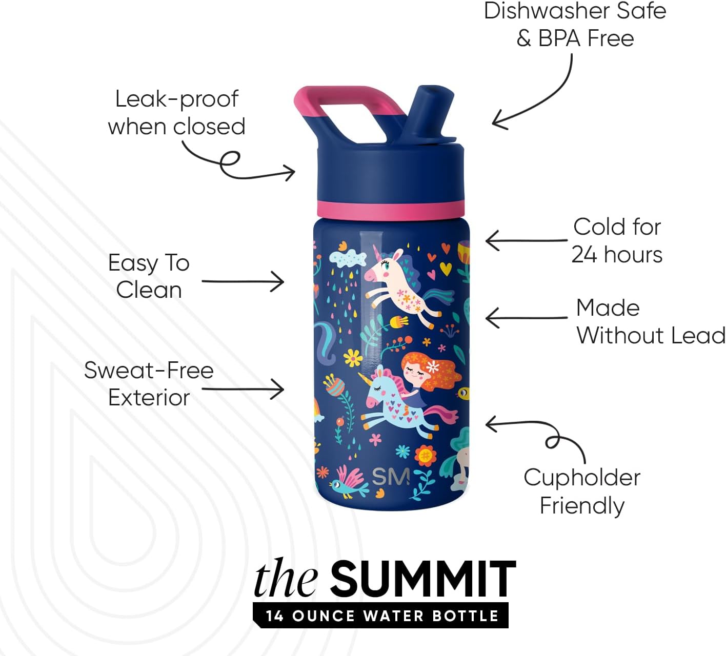 Simple Modern Kids Summit Water Bottle with Straw Lid | 14oz Stainless Steel Cup Insulated Tumbler Tumbler for Girls, School | Unicorn Rainbows